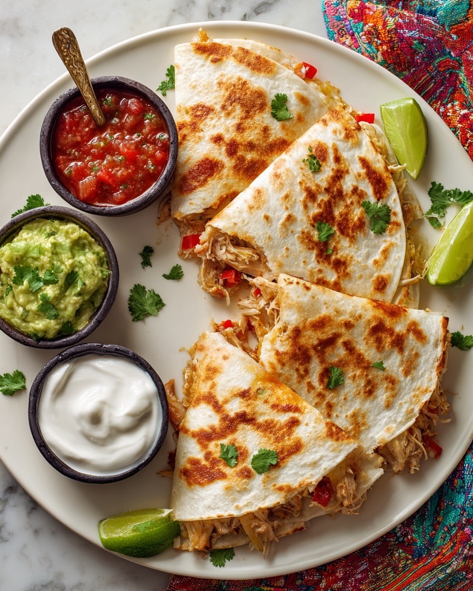 A white plate holds five folded quesadilla wedges with golden brown toasted tortilla skins showing some darker spots; each wedge reveals a filling of shredded chicken mixed with red and green pepper bits peeking from the edges. Three small white bowls with black rims sit in the center of the plate, containing chunky red salsa, smooth white sour cream, and slightly chunky green guacamole with a bronze spoon inside the guacamole bowl. Lime wedges and sprigs of fresh green cilantro decorate the plate around the quesadillas. The scene is set on a white marbled texture surface with a colorful fabric partly visible under the plate. Photo taken with an iphone --ar 4:5 --v 7