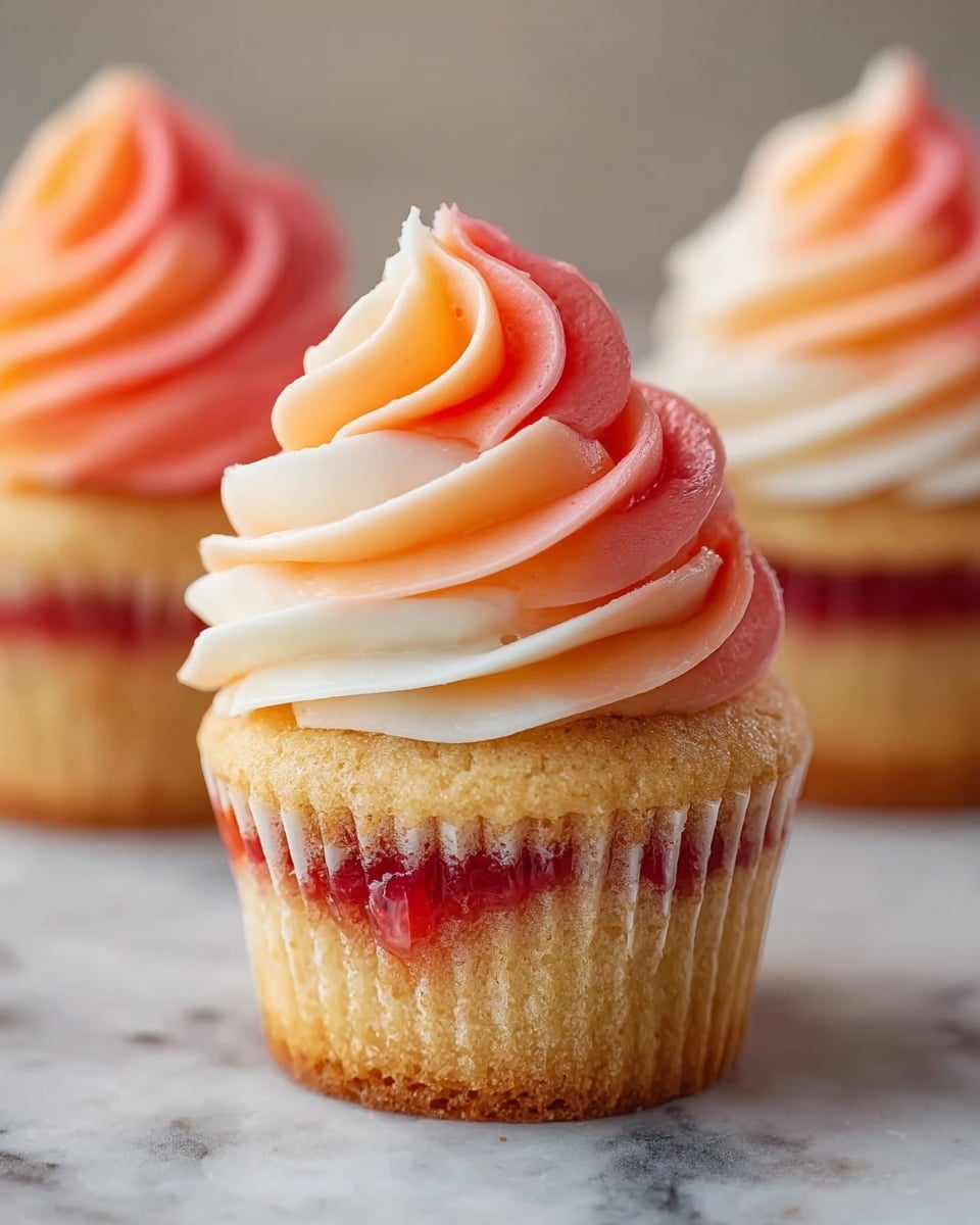 A close-up view of a cupcake with three layers visible: the bottom is a golden brown cake base, the middle shows a thin layer of red jelly embedded inside the cake, and the top is swirled frosting with three colors—white at the base, soft orange in the middle, and a coral pink tip, smoothly layered in a spiral shape. In the background, two more similar cupcakes are slightly out of focus. The cupcakes rest on a white marbled surface. photo taken with an iphone --ar 4:5 --v 7