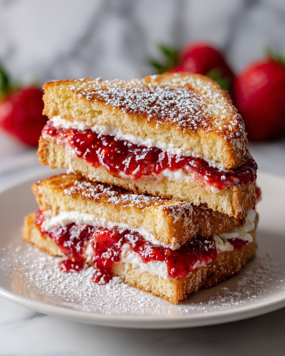 Two sandwich halves are stacked on a white plate with powdered sugar dusted on top. Each sandwich has three layers: the outer layers are golden-brown toasted bread with a soft, fluffy texture; the middle layer shows white creamy filling topped with bright red strawberry jam that looks thick and glossy. In the background, out of focus, there are whole strawberries adding a fresh touch. The plate is set on a white marbled textured surface. photo taken with an iphone --ar 4:5 --v 7