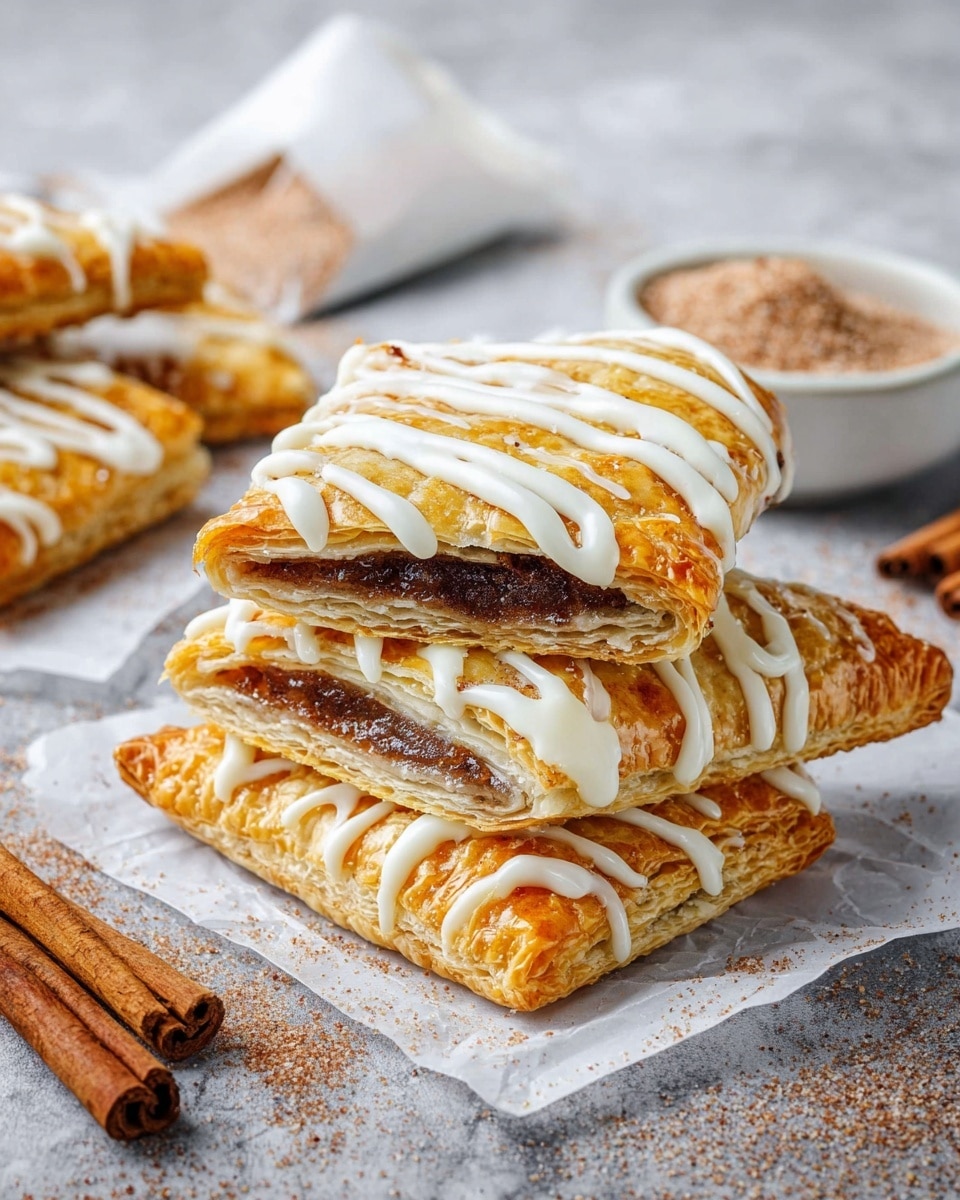 A stack of golden-brown square pastries with flaky layers is shown on a piece of white parchment paper. The top pastry is cut in half, revealing three layers: a crispy outer layer, a middle layer of dark cinnamon-sugar filling, and another flaky layer. Thick white icing is drizzled on top of the pastries in zigzag lines. In the background, there is a white bowl with cinnamon sugar and a white icing bag beside it, placed on a white marbled surface. Two cinnamon sticks lie near the pastries. photo taken with an iphone --ar 4:5 --v 7