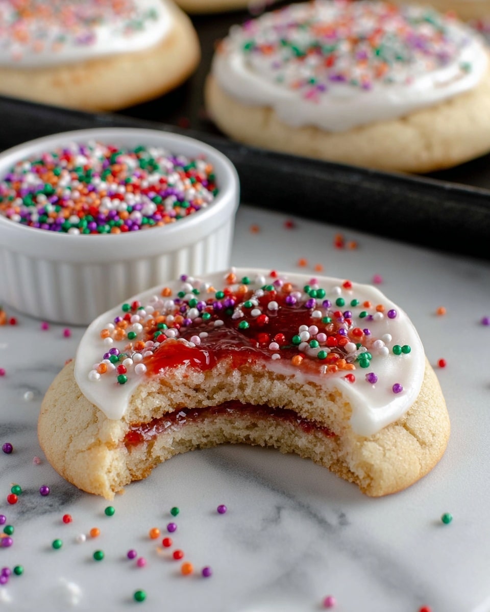 The image shows a close-up of a soft cookie with three visible layers: the bottom layer is a light golden brown cookie base with a chewy texture; the middle layer is a thin, glossy red jam visible from a bite taken out of the cookie; the top layer is smooth white frosting spread evenly over the cookie and sprinkled with colorful small sugar crystals in red, green, purple, and orange. The cookies are on a white plate with a white marbled texture beneath, and in the background, there is a white bowl filled with the same colorful sugar crystals. Some sugar crystals are scattered around the plate. Photo taken with an iphone --ar 4:5 --v 7