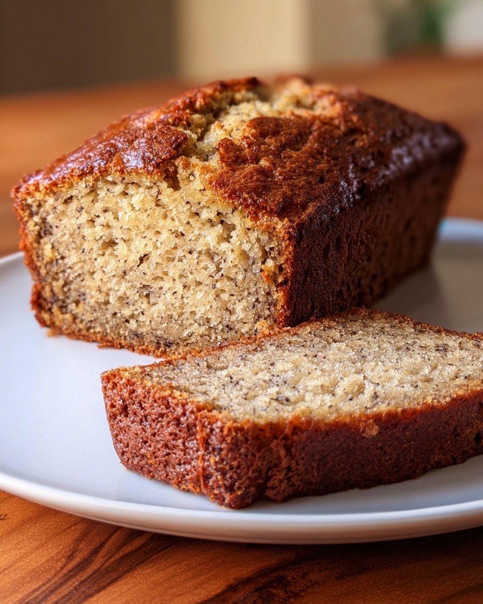 A loaf of banana bread with a golden brown, slightly cracked top layer sits on a white plate, placed on a wood table. The loaf is thick and rectangular, with a textured crust that looks crisp and well-baked. One slice is cut from the loaf and lies flat in front, showing a moist, light beige interior with small dark specks of banana evenly spread throughout. The crumb is dense but soft, contrasting the darker crust. The background softly blurs into warm, natural tones. Photo taken with an iphone --ar 4:5 --v 7