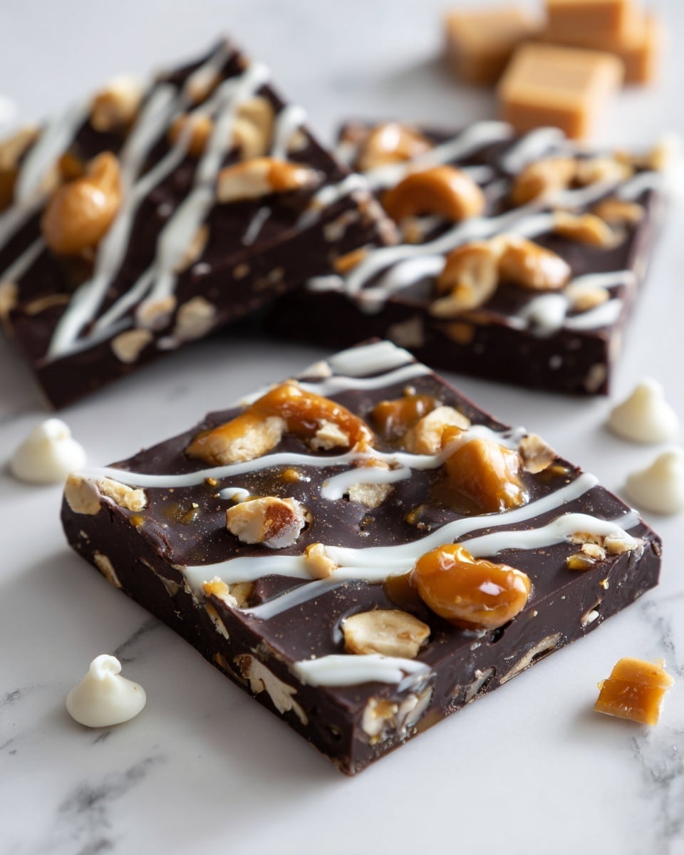 A close-up image of stacked treats with three visible layers: the bottom layer is a rough textured mix of light-colored nuts or pretzels partially covered in glossy dark brown chocolate; above this is a thick, smooth, shiny caramel layer in a golden amber color, slightly dripping over the edges; the top layer is a smooth dark brown chocolate coating decorated with thin white chocolate stripes running diagonally across. The treats are placed on a surface with a white marbled texture, and one treat shows a string of caramel stretching between layers. Photo taken with an iphone --ar 4:5 --v 7