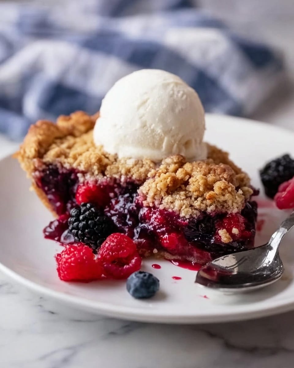 A close-up image of a slice of mixed berry crumble dessert on a white plate, showing three main layers: the bottom layer is a juicy, deep purple-red berry filling with visible whole berries and syrup, the middle layer is a golden-brown crumbly topping with a textured, crunchy appearance, and the top layer is a smooth, round scoop of white ice cream. Around the slice, there are scattered fresh berries including red raspberries, dark blackberries, and blueberries. A shiny silver spoon rests on the right side of the plate, with a woman's hand holding it gently. The background is a softly blurred white marbled surface with a hint of a blue and white checkered cloth in the background. Photo taken with an iphone --ar 4:5 --v 7