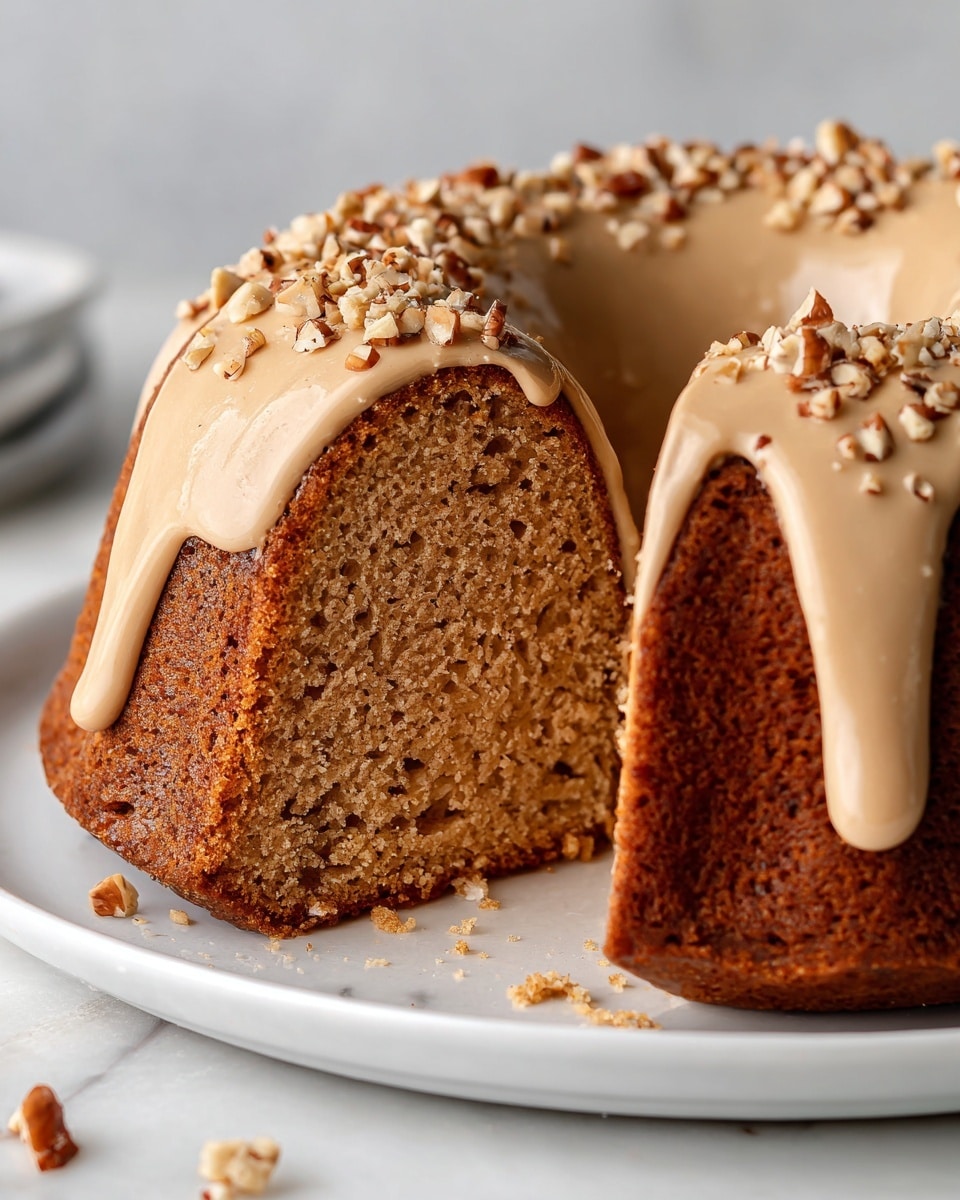 The image shows a moist bundt cake with a warm brown color, cut to reveal its soft, spongy inside full of small air pockets. The cake is topped with a smooth, light tan frosting that drips slightly down the sides in thick layers. On top of the frosting, there are scattered pieces of chopped nuts adding texture and extra detail. The cake sits on a white plate set on a white marbled surface, with a few nut pieces fallen near the base. The close-up view highlights the cake’s texture and the rich frosting contrast. photo taken with an iphone --ar 4:5 --v 7