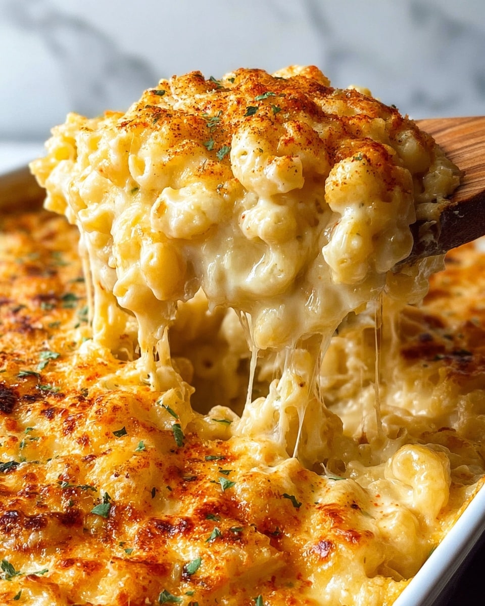 A close-up view of a cheesy baked macaroni and cheese dish being lifted with a wooden spoon from a white baking dish on a white marbled surface. The macaroni is covered in creamy, melted cheese with a golden brown, slightly crispy top layer sprinkled with green herbs and a light dusting of paprika. The cheese stretches in gooey strands from the lifted portion, highlighting its rich, creamy texture beneath the bubbly crust. photo taken with an iphone --ar 4:5 --v 7