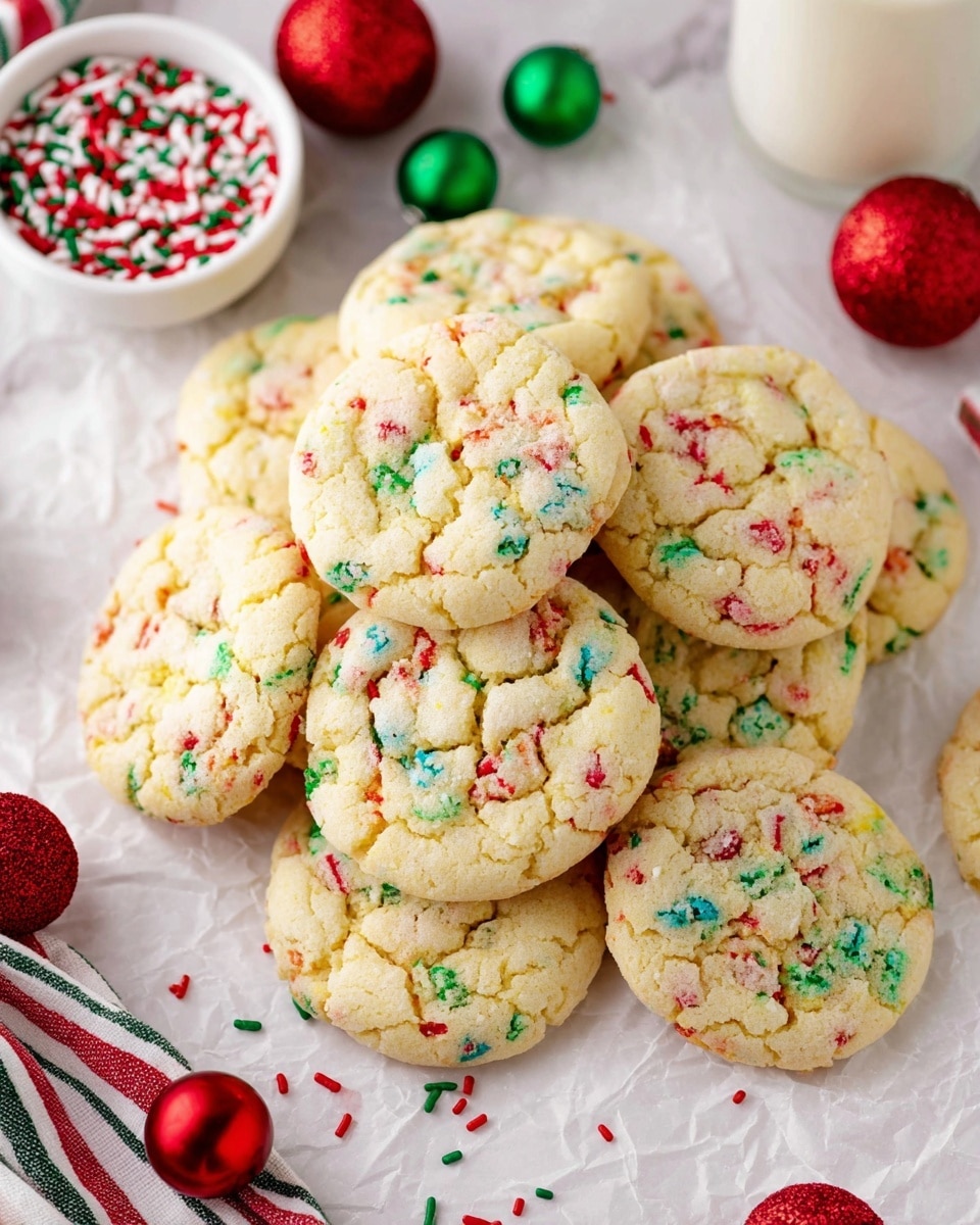 A stack of four thick, soft cookies on a white marbled surface, each cookie light yellow with red and green candy pieces mixed inside, the top cookie showing a bite taken out, revealing its soft texture with colorful bits inside. Surrounding the stack are more cookies of the same kind, a green Christmas ornament on the left, and a small white bowl filled with red, green, and white candy sprinkles on the right, all set against a bright, blurred background. photo taken with an iphone --ar 4:5 --v 7