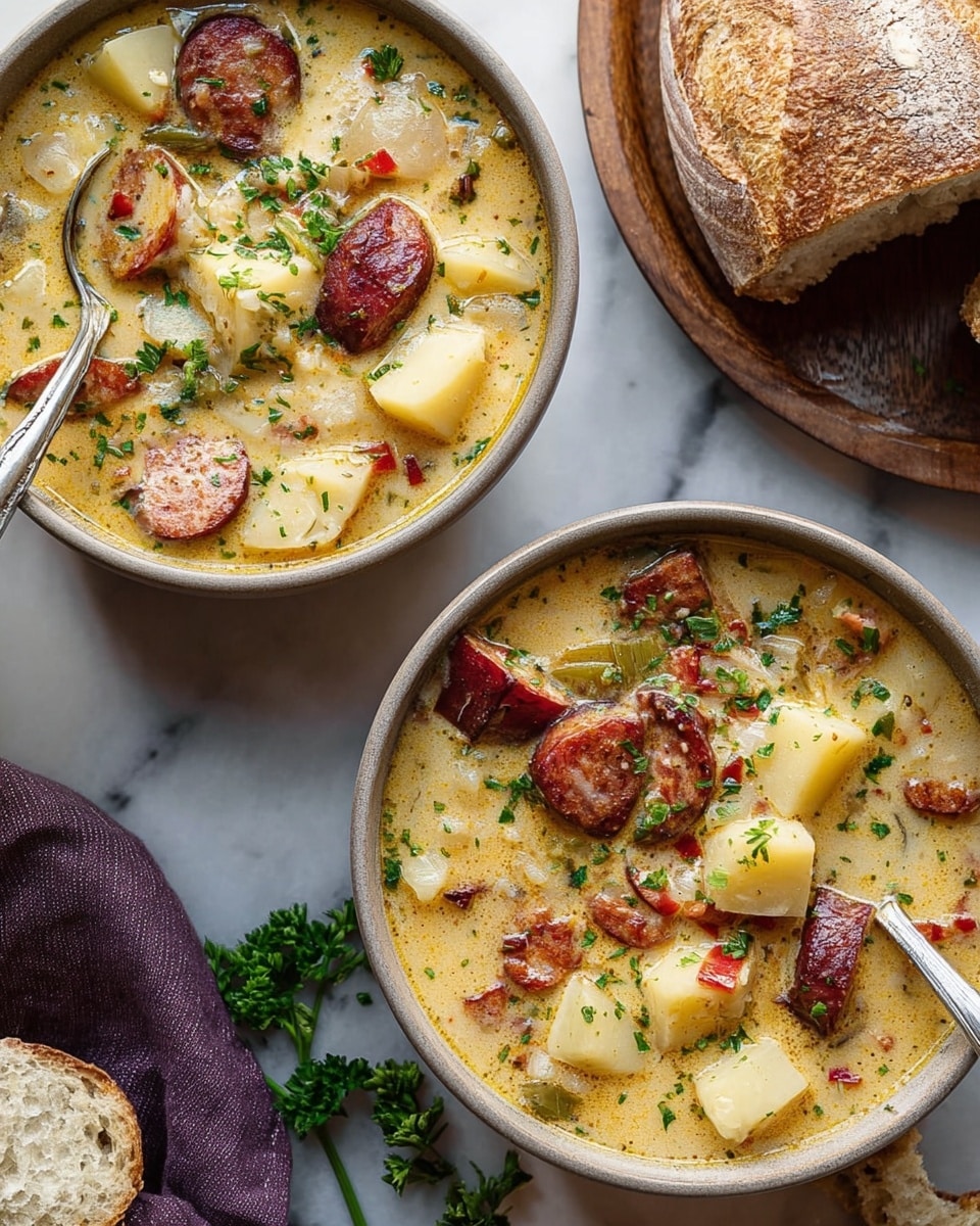 Two bowls of creamy potato and sausage soup sit on a white marbled surface, filled with thick, yellowish broth. The soup contains chunky potato pieces in a pale yellow color, sliced sausage pieces that are reddish brown with browned edges, and bits of red pepper and onion, all sprinkled with finely chopped green herbs. One bowl has a silver spoon inside. Near the bowls, a torn piece of crusty white bread and a whole round loaf sit on a wooden plate. There are some fresh green herbs scattered around as decoration. photo taken with an iphone --ar 4:5 --v 7