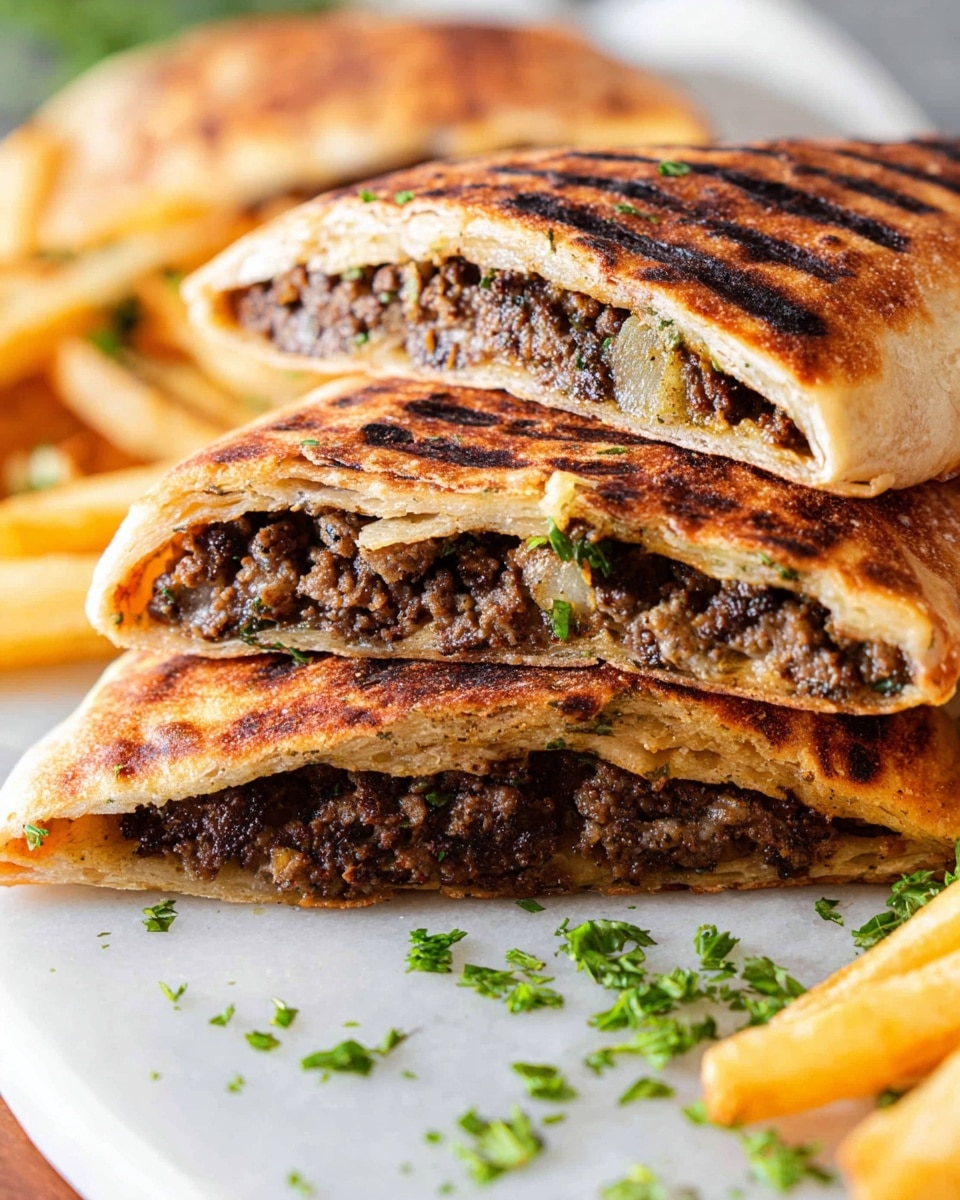 A close-up of three grilled meat-filled flatbread pockets stacked on top of each other, showing a golden brown and slightly crispy textured crust with visible grill marks. Each flatbread is sliced in half to reveal a thick, dark brown ground meat filling mixed with herbs and small bits of onions inside. The flatbreads rest on a white plate with a few seasoned French fries and green parsley leaves scattered around, all placed on a white marbled surface. Photo taken with an iphone --ar 4:5 --v 7
