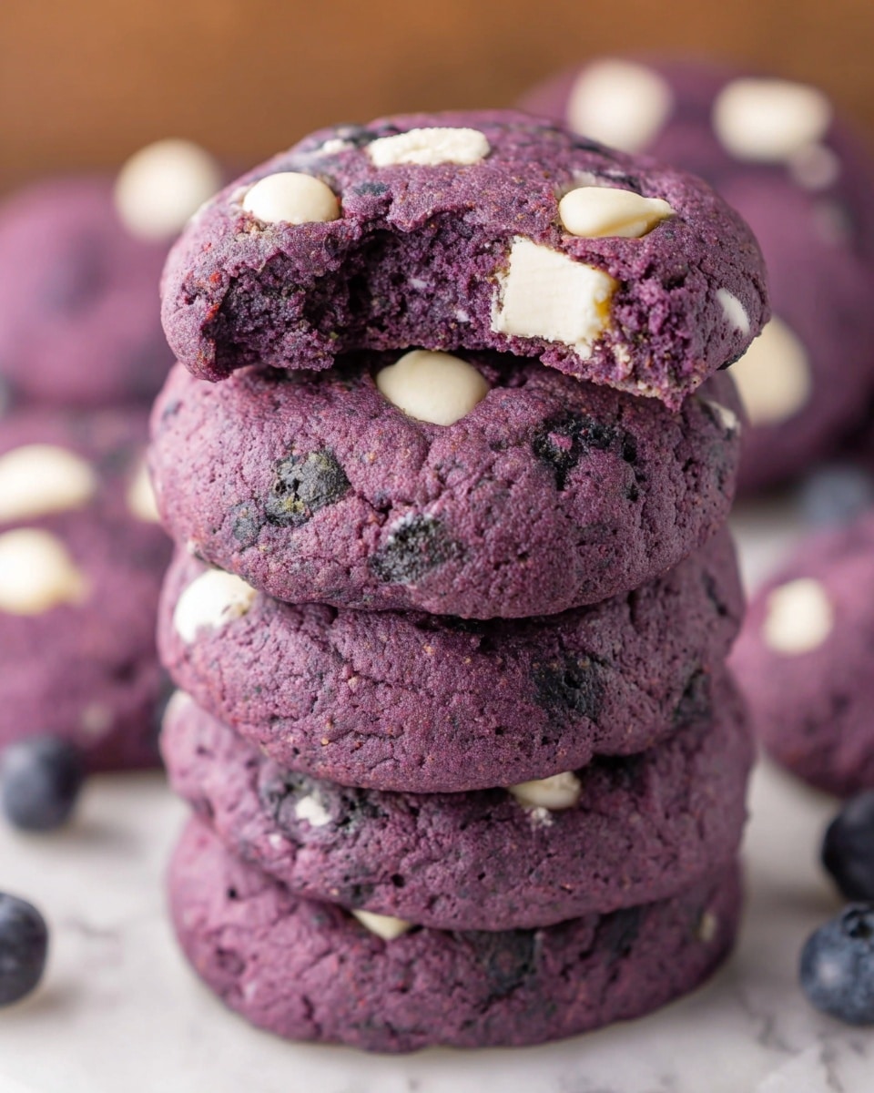 A stack of four thick, round purple cookies sits on a white marbled surface, with the top cookie having a bite taken out of it showing a crumbly texture and bits of white chocolate embedded inside. Each cookie features uneven white chocolate chunks visible on the surface. The cookies have a rough texture, with small dark spots that look like blueberry bits scattered throughout the deep purple dough. The background is blurred but shows more cookies and a few blueberries. Photo taken with an iphone --ar 4:5 --v 7