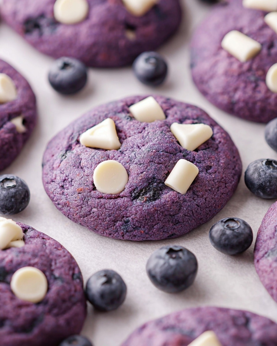 The image shows a close-up view of several round blueberry cookies with a soft, slightly chunky texture and a vibrant purple color. Each cookie is topped with a few unevenly placed white chocolate chunks that add contrast to the purple dough. The cookies rest on a white baking sheet lined with parchment paper. Around the cookies, fresh blueberries are scattered on a white marbled surface, giving a fresh and natural touch. The focus is mainly on one cookie in the middle, with others slightly blurred in the background, highlighting the cookie's softness and rich color. photo taken with an iphone --ar 4:5 --v 7