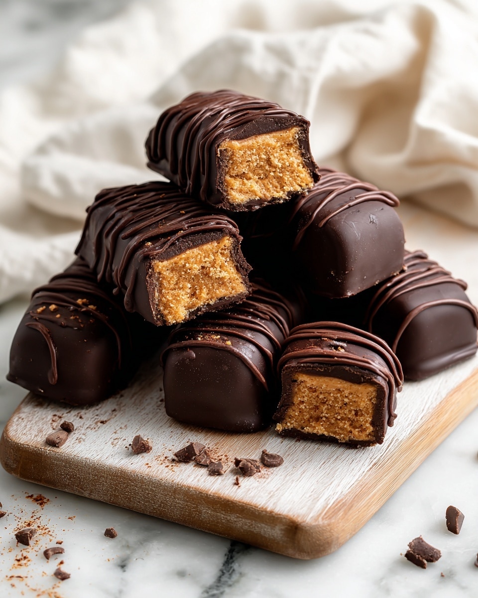 The image shows several small, cylindrical chocolate-covered treats arranged on a light wooden cutting board. Each piece has a smooth, dark chocolate outer layer with thin dark chocolate drizzles on top, adding texture. Some of the pieces are cut in half, revealing a dense, peanut butter-colored filling inside with a slightly crumbly texture. The cutting board is placed on a white marbled surface, and the background includes a white cloth and part of a beige parchment paper with some chocolate crumbs. Photo taken with an iphone --ar 4:5 --v 7
