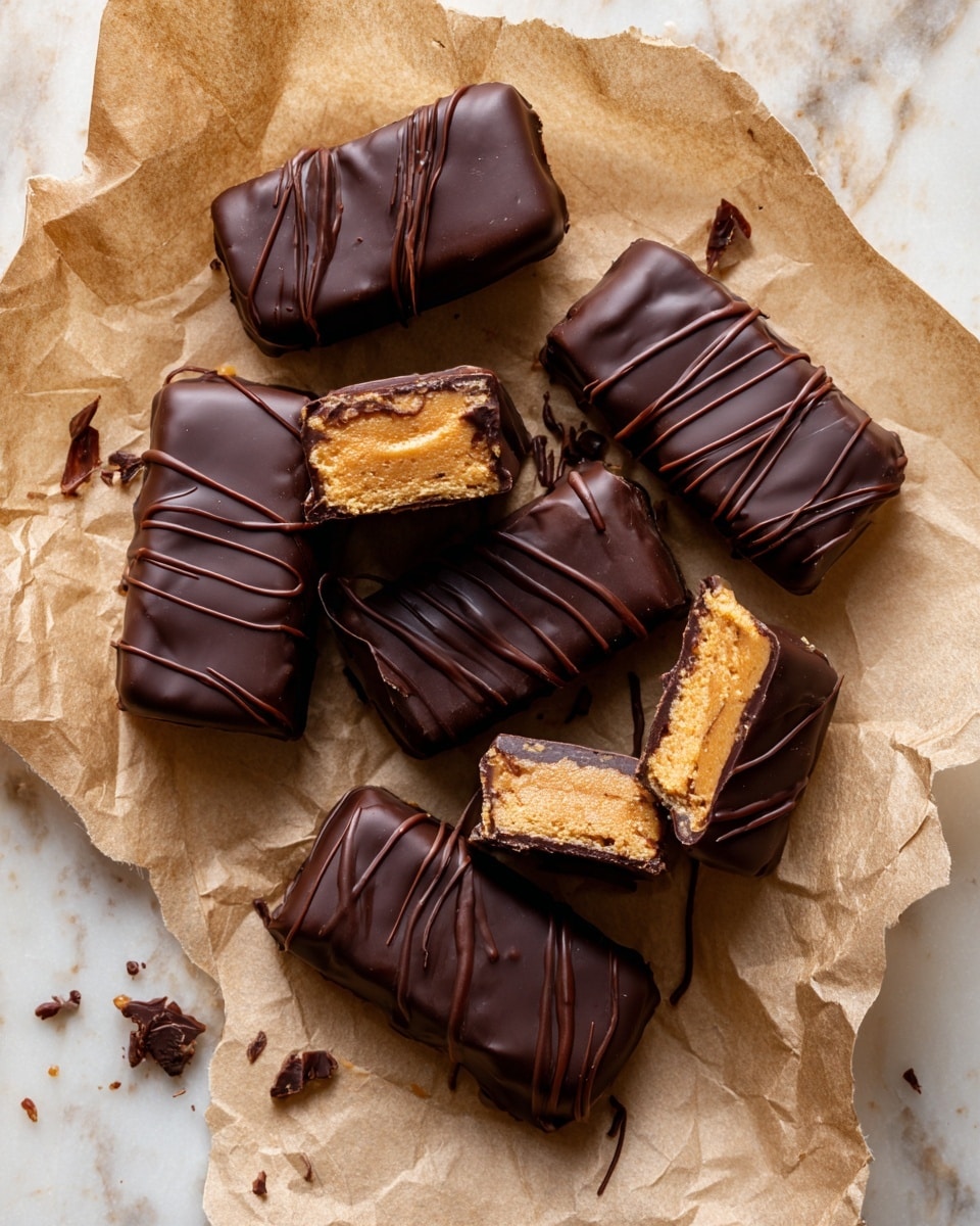 The image shows several small chocolate-covered bars placed on crumpled brown parchment paper over a white marbled surface. Each bar has a smooth dark chocolate outer layer with a drizzle of slightly shiny chocolate on top for texture. The bars are cut open in some pieces, revealing a dense, light brown peanut butter filling inside. The bars are arranged casually, with a few chocolate crumbs scattered around, showing a contrast between the dark chocolate coating and the golden filling inside. Photo taken with an iphone --ar 4:5 --v 7
