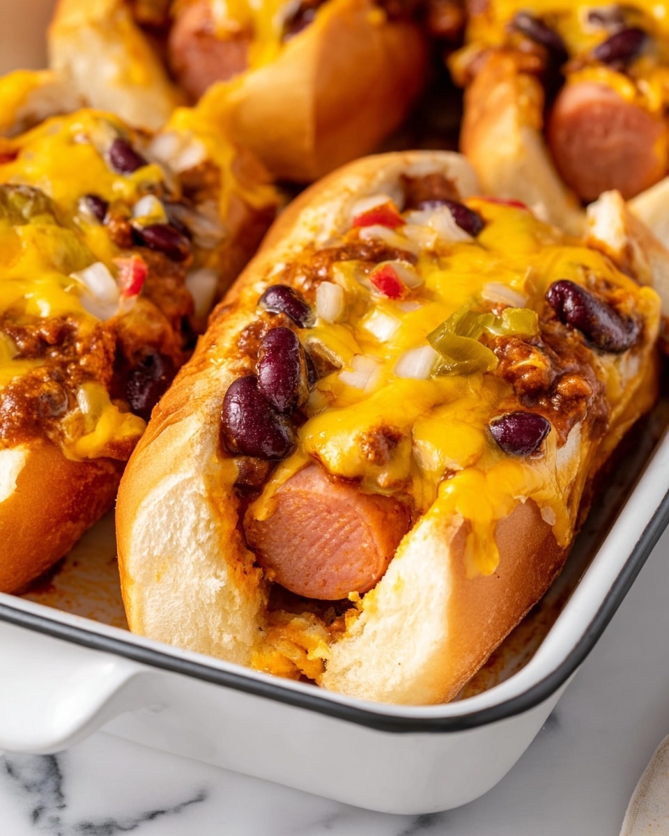 This image shows a close-up of a hot dog cut in half inside a white bun, placed in a white baking dish on a white marbled surface. The hot dog has multiple layers visible: the sausage in the center, a layer of yellow mustard below the sausage, topped with a thick mix of chili with dark red kidney beans and small red tomato pieces, then sprinkled with chopped white onions, and finally covered in melted, golden-yellow cheddar cheese that looks gooey and rich. More hot dogs with the same toppings are visible in the background, all bubbling with melted cheese. The overall look is warm, cheesy, and spicy. photo taken with an iphone --ar 4:5 --v 7