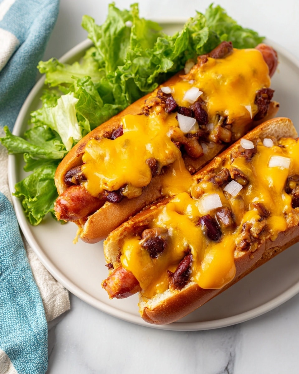 Two chili cheese dogs rest on a white plate with a side of fresh green leafy lettuce. Each hot dog is inside a soft light brown bun, topped with a thick layer of melted bright orange cheddar cheese. Below the cheese, there are chunks of dark brown chili and small pieces of white onion adding texture. The hot dog sausages peek out at each end with a reddish-brown color. The plate sits on a white marbled surface with a light blue and white cloth in the corner. photo taken with an iphone --ar 4:5 --v 7