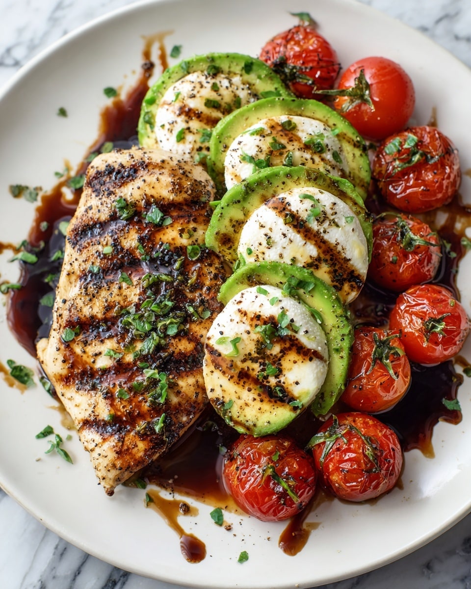 A white plate holds a grilled chicken breast with charred grill marks and black pepper specks, giving it a textured, slightly crispy surface. On top of the chicken, there are bright green avocado halves filled with soft white cheese that has slightly melted and browned edges from the grill. Around the avocado and chicken, there are several grilled cherry tomatoes with shiny, slightly wrinkled red skins and char lines. The dish is sprinkled with chopped fresh green herbs and drizzled with a dark, glossy sauce that adds a shiny contrast. The background is a white marbled texture. Photo taken with an iphone --ar 4:5 --v 7