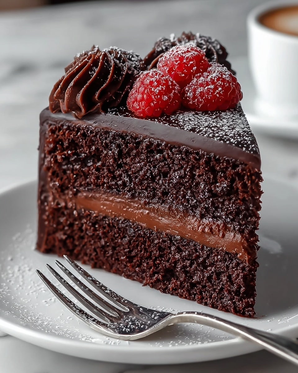 A slice of chocolate cake with two thick dark brown chocolate sponge layers separated by a smooth medium brown chocolate cream layer in the middle. On top, there is a glossy dark chocolate ganache layer, decorated with several swirls of rich dark chocolate frosting. Three fresh red raspberries dusted with powdered sugar sit on top of the frosting. The cake slice is on a white plate with a silver fork next to it, both lightly dusted with powdered sugar, all set on a white marbled surface. Photo taken with an iphone --ar 4:5 --v 7