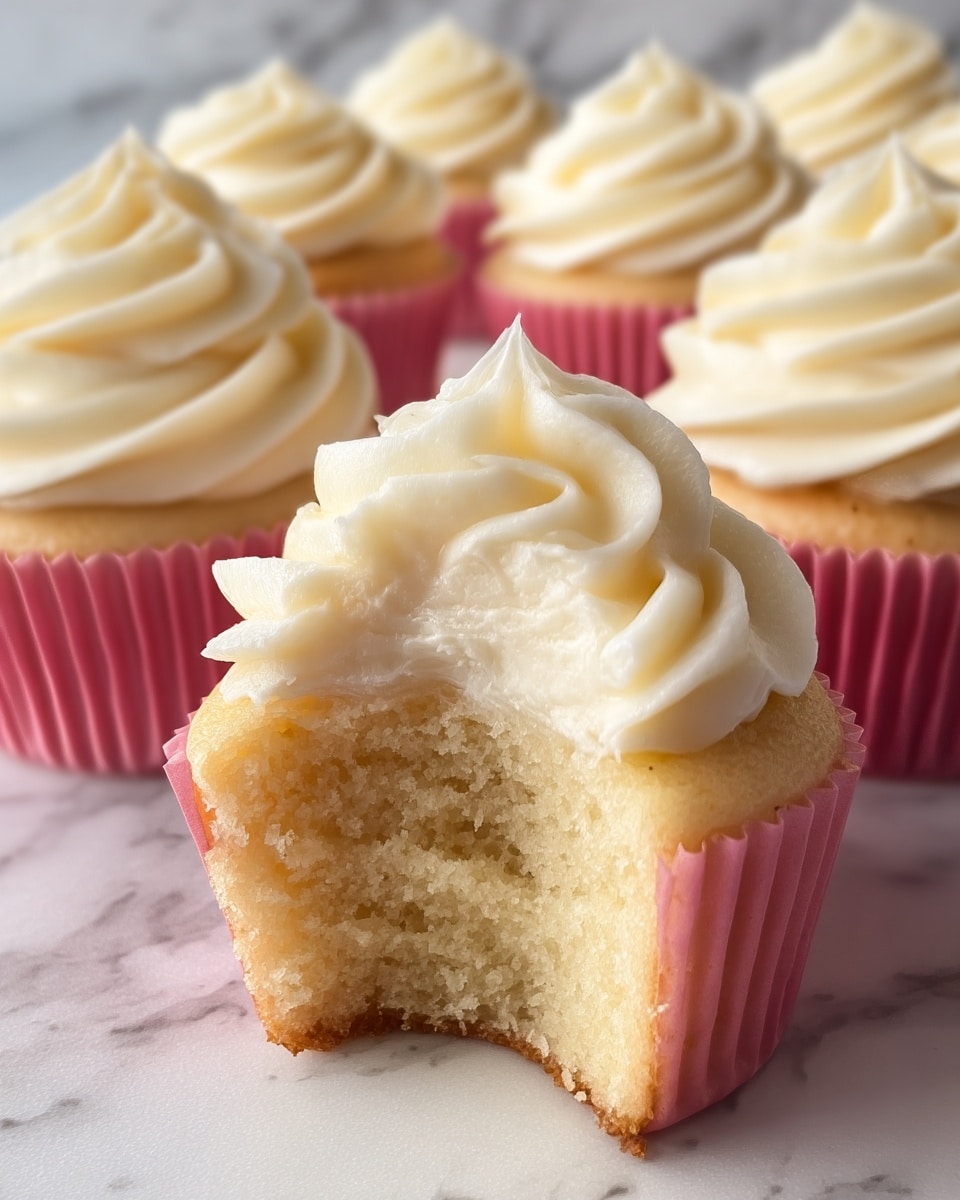 The image shows a group of vanilla cupcakes with pink paper liners arranged on a white marbled surface. In the front, one cupcake is missing a bite, showing its soft and fluffy light yellow interior. Each cupcake has one swirl of creamy white frosting on top, thick and smooth with a slightly glossy texture, piled high in a spiral pattern ending in a small peak. The overall look is neat and inviting with the contrast of the pale cake, white frosting, and pink liners. photo taken with an iphone --ar 4:5 --v 7