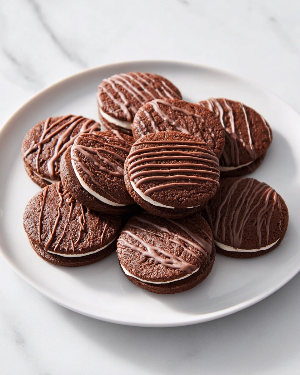 A white plate holds a stack of eight round chocolate sandwich cookies arranged close together with some overlapping. Each cookie has a dark brown rough textured top and bottom layer with a smooth light brown filling visible in between, forming two clear layers. The top cookie surface is decorated with thin, wavy lines of milk chocolate drizzle that shine slightly, adding texture and pattern. The plate sits on a white marbled surface that enhances the rich colors of the cookies. photo taken with an iphone --ar 4:5 --v 7