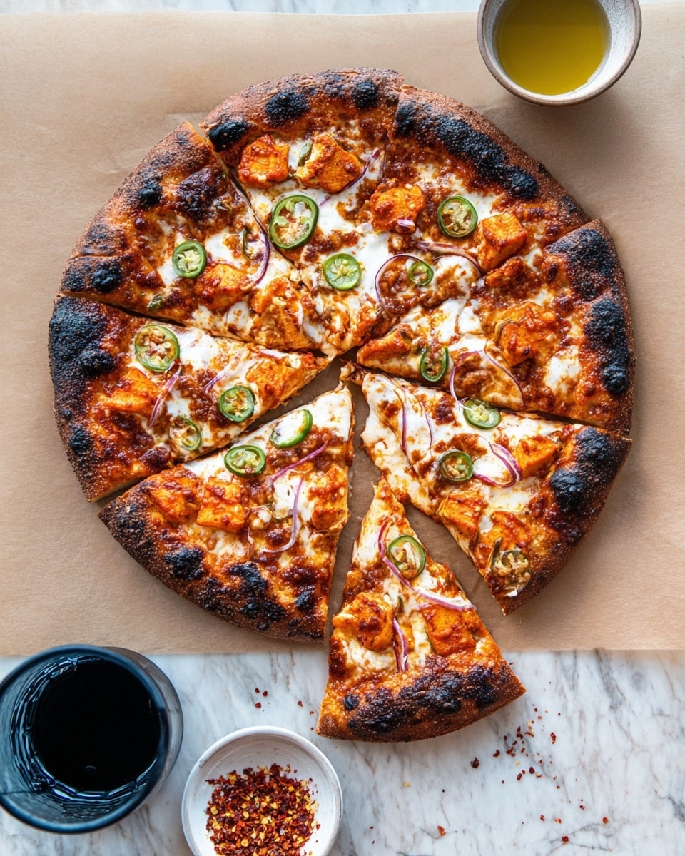 A round pizza with eight slices sits on a light brown paper over a white marbled surface, one slice slightly pulled out. The crust is thick and dark brown with some charred spots, showing a crispy texture. The pizza is layered with a rich red tomato sauce, melted white cheese with golden browned spots, chunks of orange chicken, thin slices of green jalapeño peppers, and thin red onion rings, all spread evenly. Nearby, there is a small white bowl with golden olive oil and a small pile of red chili flakes, along with a dark blue glass partially filled with a dark drink. Photo taken with an iphone --ar 4:5 --v 7