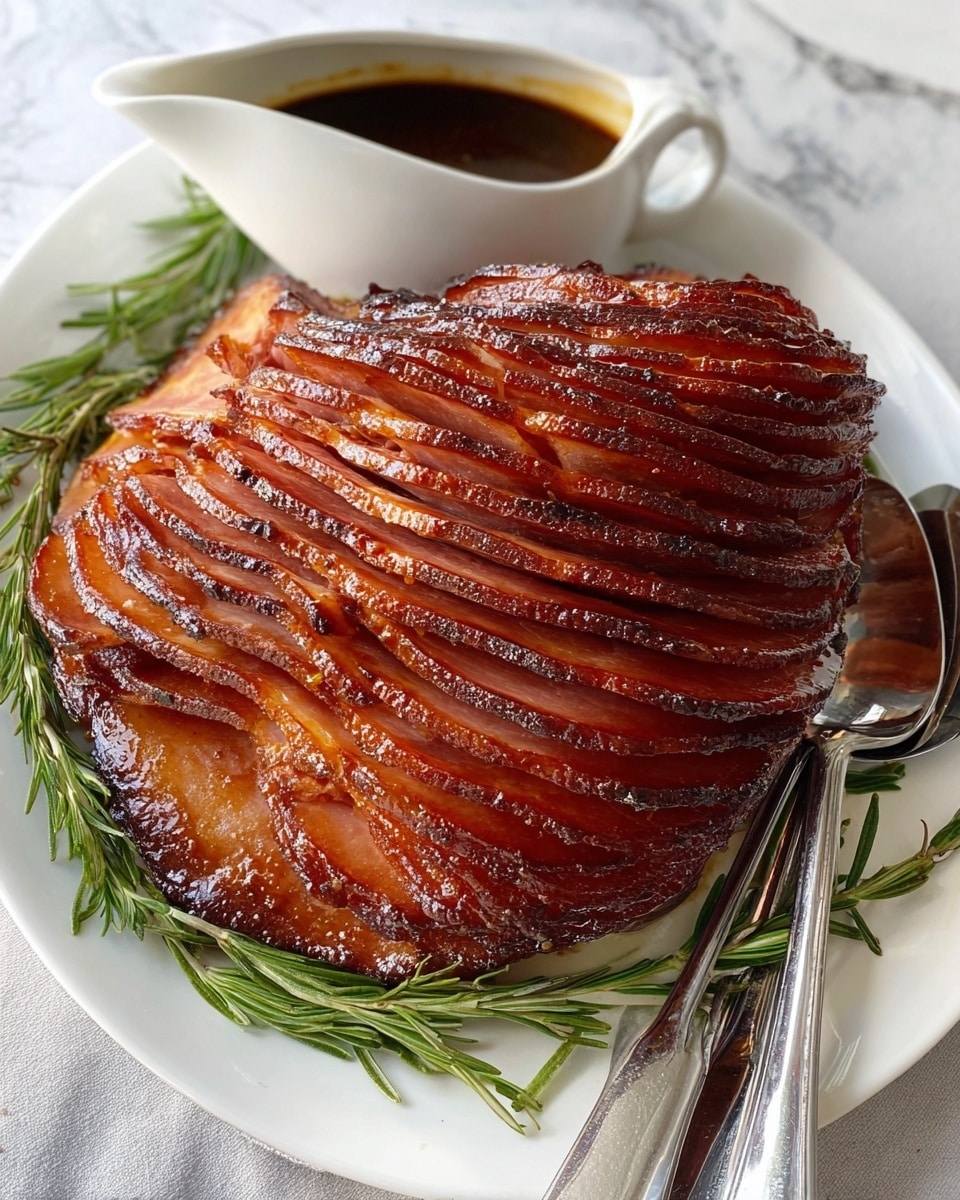 A spiral-sliced glazed ham with a rich dark brown and caramelized surface sits on a white plate, showing the even, shiny layers of meat arranged in curved slices. Fresh green sprigs of rosemary frame the ham on one side, adding a touch of color and freshness to the presentation. Two silver serving spoons rest beside the ham, reflecting light with a polished texture. Above the ham, a small white gravy boat holds a dark, glossy sauce. The dish is set against a white marbled textured background. photo taken with an iphone --ar 4:5 --v 7