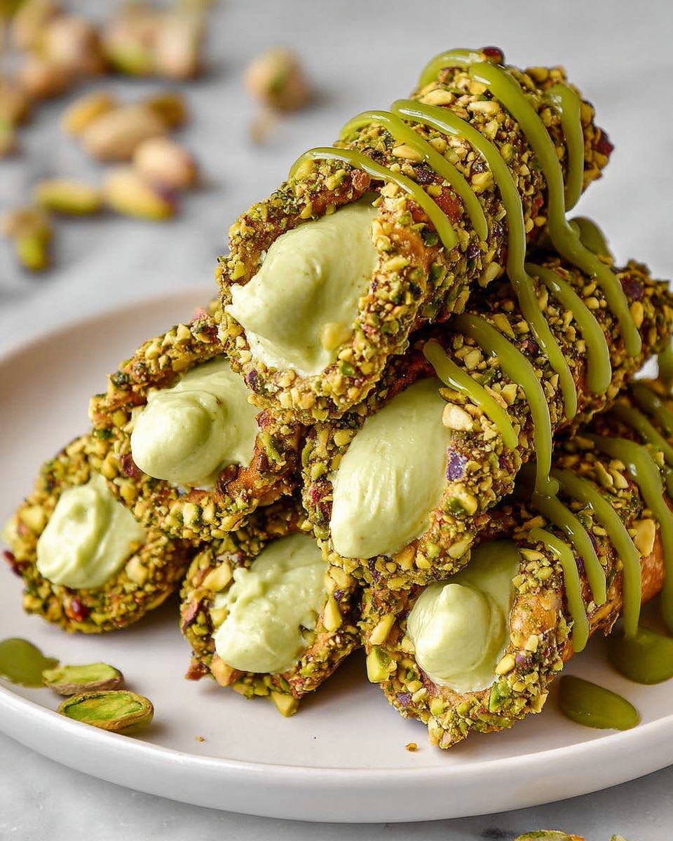 The image shows a pile of small cannoli stacked on a white plate, each cannoli covered with a crunchy layer of chopped pistachios in shades of green and brown, giving a rough texture all around the tube-shaped shell. Inside each shell is a smooth, creamy pale green filling that looks thick and soft, almost overflowing slightly from the ends. On top of the whole pile, a drizzle of glossy green sauce is spread across in wavy lines, adding a shiny and smooth contrast to the crunchy pistachio coating. The plate is set on a white marbled surface with some whole pistachios scattered lightly in the background, creating a fresh and inviting look. photo taken with an iphone --ar 4:5 --v 7