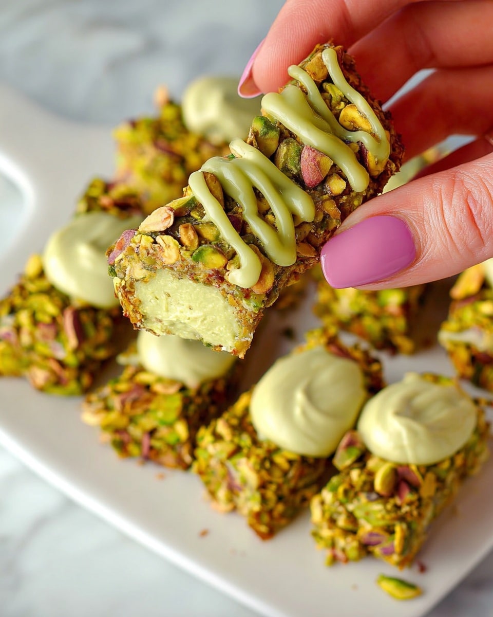 The image shows a close-up of a woman's hand with pink nail polish holding a piece of food that is covered in small, green and yellow chopped pistachio pieces. The food item has a thick drizzle of smooth green sauce on top and a creamy, pale green filling visible on one side. Below this, there is a white plate filled with more of the same pistachio-covered pieces, each topped with a dollop of the pale green cream. The background is a white marbled surface. photo taken with an iphone --ar 4:5 --v 7