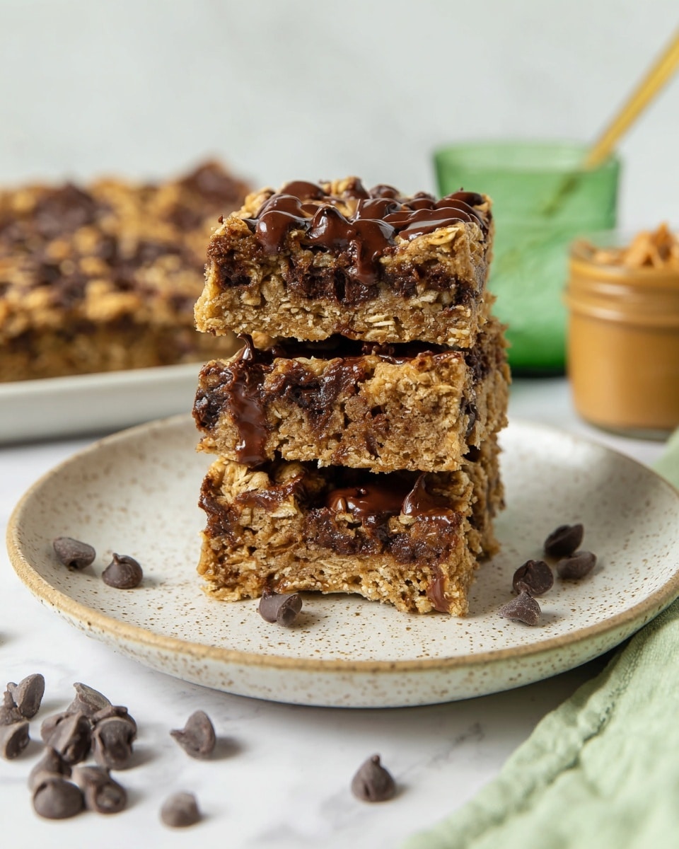 A stack of three oat and chocolate chip bars sits on a white plate with light brown speckles, placed on a white marbled surface. Each bar is thick with a golden-brown oat texture, dotted richly with melty dark chocolate chips both inside and on top, creating gooey dark streaks through the bars. Around the plate, extra chocolate chips are scattered. In the background, a green glass and a container with creamy peanut butter and a gold spoon appear softly blurred, adding warm and fresh tones to the scene. A light green cloth is partly visible at the front right corner. photo taken with an iphone --ar 4:5 --v 7