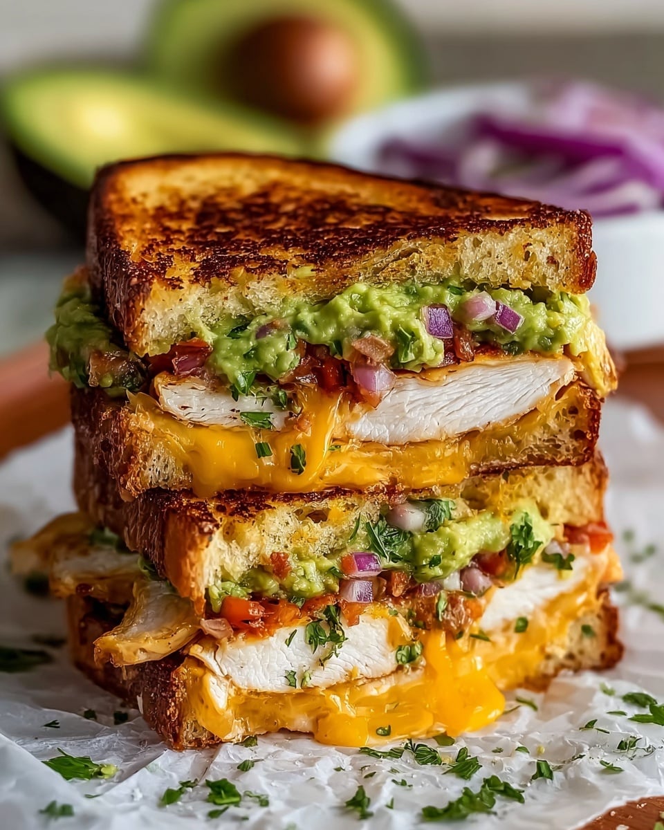 A close-up of a toasted grilled sandwich cut in half and stacked, showing three main layers inside: the bottom and top layers are thick slices of golden-brown toasted bread with a crispy texture and light holes; inside, there is a thick layer of melted yellow cheddar cheese oozing out, topped with slices of grilled chicken breast that are white with light grill marks; above the chicken, there is a layer of chopped red onions and tomatoes mixed with bright green guacamole spread thickly, adding a creamy texture; small pieces of fresh green herbs are sprinkled on top and around the sandwich; the sandwich rests on white parchment paper placed on a white marbled surface; blurred background shows half an avocado and a bowl of sliced red onions. Photo taken with an iphone --ar 4:5 --v 7