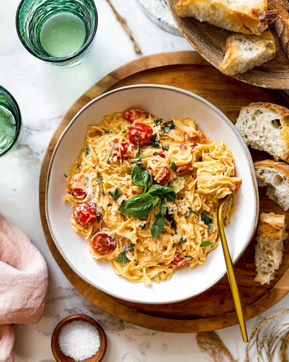 A white bowl filled with creamy pasta that has a light orange sauce, mixed with small cherry tomatoes and bits of green herbs throughout. On top, there is a small bunch of fresh green basil leaves adding a touch of color. A gold fork is placed inside the bowl on the right side, holding a bite of the pasta. Around the bowl is a round wooden board with pieces of torn crusty bread on the right, and a small wooden bowl of coarse salt on the left. Two green tinted glasses of water are visible in the background on a white marbled surface. photo taken with an iphone --ar 4:5 --v 7