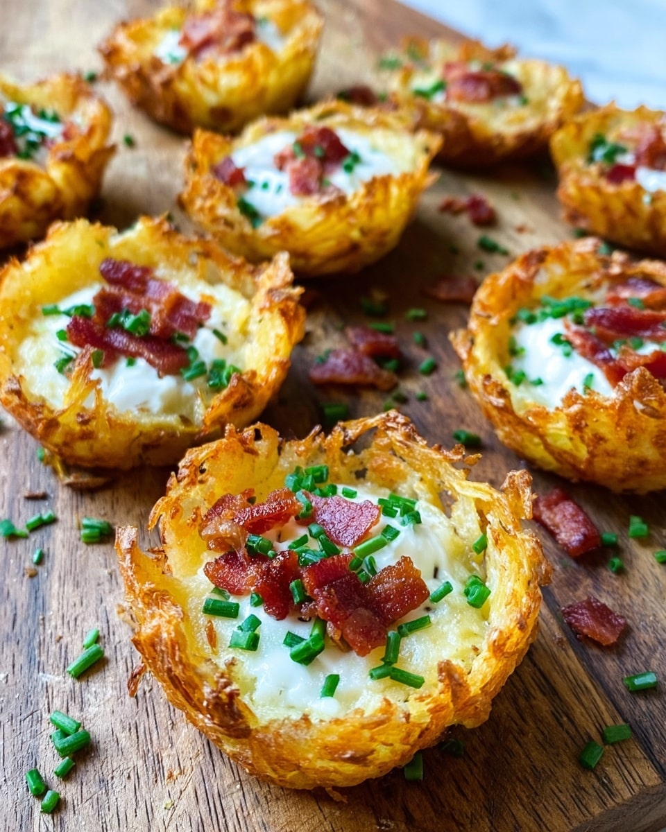 The image shows several small, golden brown crispy potato nests arranged on a wooden board. Each nest has a rough, crunchy outer layer with a slightly uneven edge, filled with a layer of white sour cream or cheese, topped with small pieces of reddish bacon, and sprinkled with bright green chopped chives. The potato nests vary slightly in shape but all have a round, bowl-like form holding the toppings inside. Small bits of bacon and chives are scattered around the nests for a natural, casual look. photo taken with an iphone --ar 4:5 --v 7