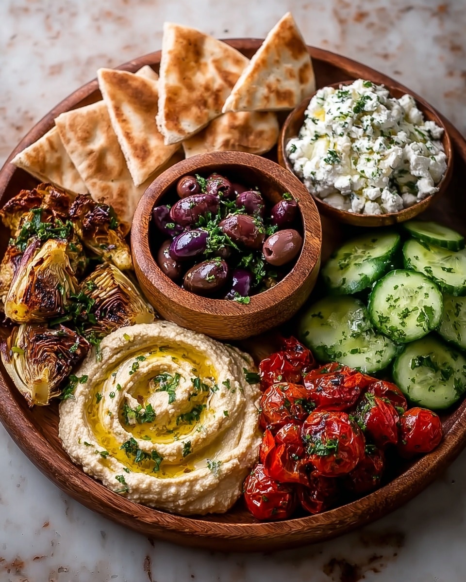 A round wooden platter holds a colorful Mediterranean dip and snack spread arranged in separate sections. At the back, there are warm, triangular pita bread slices standing upright with a light tan and golden toasted surface. In front of the pita, a small wooden bowl is filled with dark purple olives sprinkled with chopped green herbs. To the right of the olives, fresh, thinly sliced cucumber pieces are laid out, showing a light green color with a glossy texture. In the center, a swirled bowl of creamy hummus is topped with a drizzle of golden olive oil and herbs. To the left, grilled artichoke pieces with a caramelized, dark golden brown exterior are visible. Bright red roasted cherry tomatoes, also sprinkled with green herbs, fill the front left corner. Lastly, in the bottom right, a bowl of white cottage cheese mixed with small green herb bits completes the platter. The entire platter sits on a surface with a white marbled texture. photo taken with an iphone --ar 4:5 --v 7