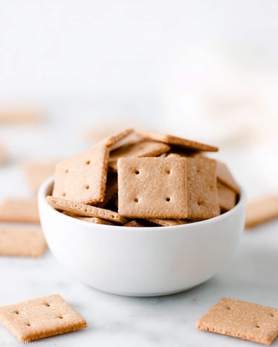 A white bowl filled with a pile of square-shaped graham crackers with a light brown color and a slightly grainy texture, each cracker showing three small holes in the middle; the bowl is placed on a white marbled surface, with a few crackers scattered around it, and the background is soft and blurred in white tones. photo taken with an iphone --ar 4:5 --v 7