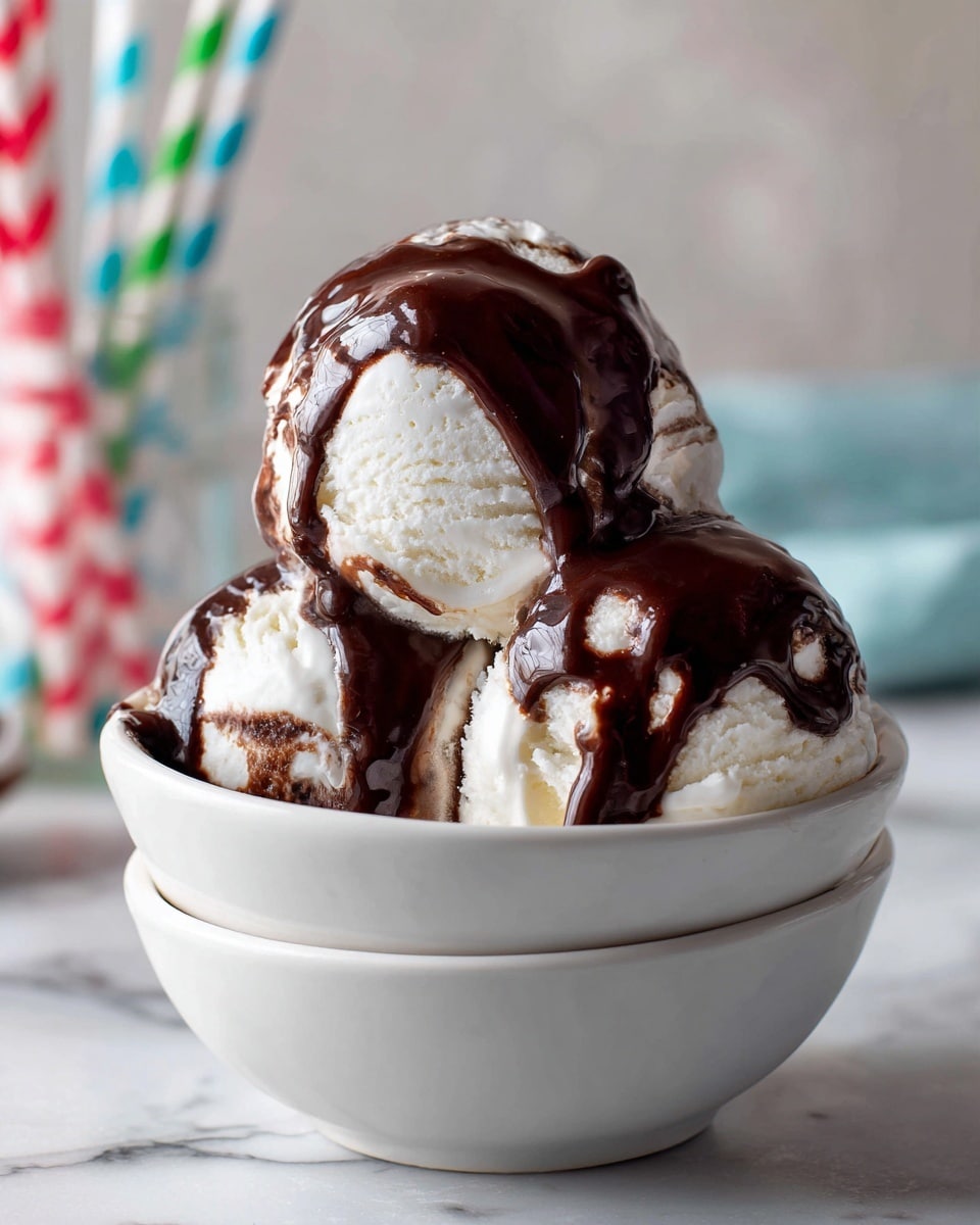 Two white ice cream scoops are coated with dark chocolate, placed inside a white bowl stacked on another white bowl. The ice cream is creamy with smooth, glossy chocolate dripping over parts of the scoops. The bowls have a simple texture and sit on a white marbled surface. In the blurry background, there are jars filled with colorful striped paper straws in orange, red, blue, and yellow shades. Photo taken with an iphone --ar 4:5 --v 7