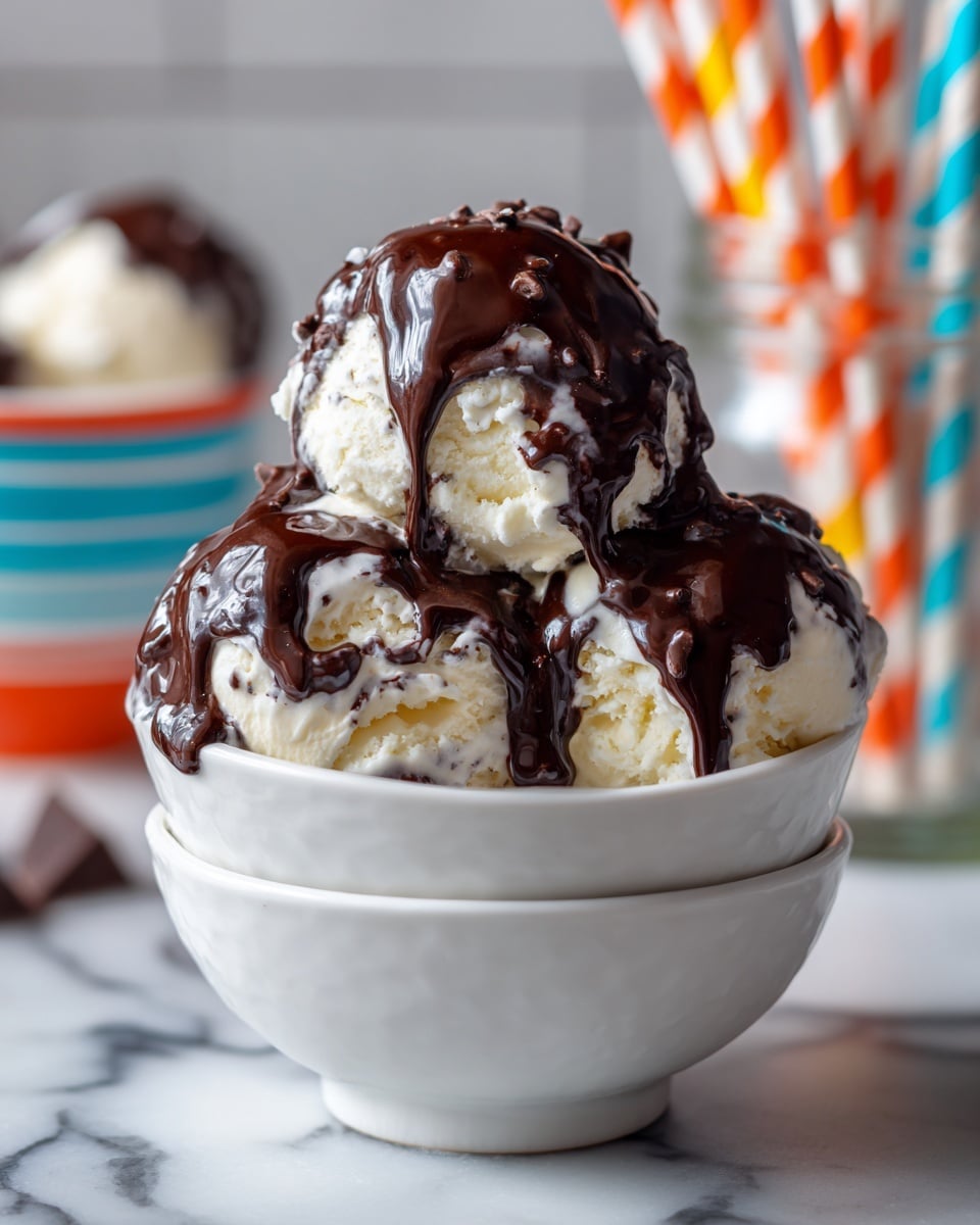 Two scoops of white vanilla ice cream sit side by side in a white bowl, each scoop partially covered by a smooth, dark brown chocolate layer that drips slightly down the sides and onto the ice cream below. This white bowl is stacked inside another white bowl, both placed on a white marbled surface. In the background, blurred colorful striped paper straws in glass containers add a soft, festive touch to the scene. Photo taken with an iphone --ar 4:5 --v 7