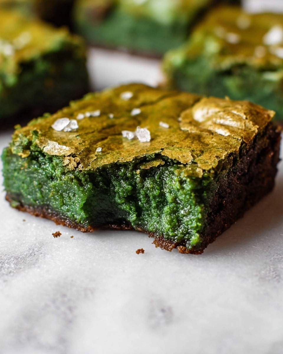 A close-up view of a single square green brownie resting on a white marbled surface. The brownie has a shiny, cracked top layer with a slightly rough texture and scattered flakes of coarse salt. The middle layer looks soft, gooey, and dense with a vibrant dark green color, showing a moist and rich texture. A bite has been taken from the bottom left corner, revealing the moist inside contrasted by the drier top crust. The background is softly blurred with more green brownies out of focus. Photo taken with an iphone --ar 4:5 --v 7