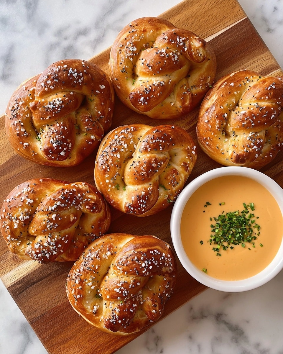 A wooden board holds seven golden brown soft pretzels, each twisted into a classic knot shape with a shiny crust sprinkled generously with coarse salt and small black and white seeds. The pretzels’ surface has a slightly crisp texture with darker brown spots, showing their baked finish. To the right side on the board, there is a white bowl filled with creamy, smooth orange cheese sauce that is topped with chopped green herbs scattered evenly on top. The setup rests on a white marbled surface. photo taken with an iphone --ar 4:5 --v 7