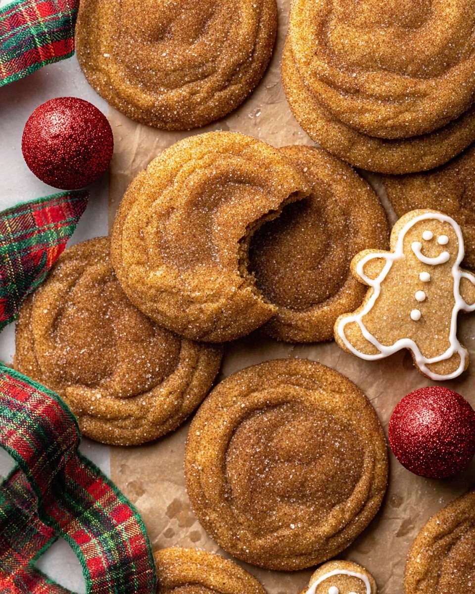 A group of round, golden-brown snickerdoodle cookies are shown, with a soft and slightly cracked texture on top, dusted with sugar. One cookie has a bite taken out, revealing its soft, chewy inside. Three decorated gingerbread cookies shaped like little people with white icing smiles and details are scattered among the snickerdoodles. A festive red and green plaid ribbon and small Christmas ornaments, including one red glitter ball, add holiday cheer. All cookies rest on a light brown parchment paper over a white marbled surface. photo taken with an iphone --ar 4:5 --v 7