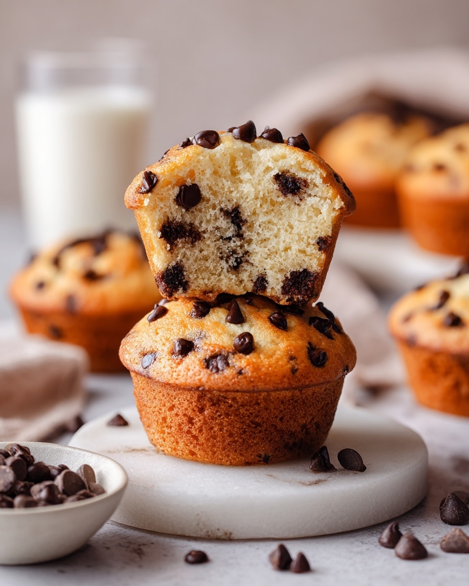 A close-up view of two chocolate chip muffins stacked on a white round board on a white marbled surface, with the top muffin cut in half showing a soft, moist interior packed with small dark chocolate chips and topped with more chips that dot a golden-brown crust; around them, there are whole muffins with similar golden tops and chocolate chips, a small white bowl of chocolate chips at the bottom left, and a clear glass partially filled with milk in the blurred background, all under soft natural light. photo taken with an iphone --ar 4:5 --v 7