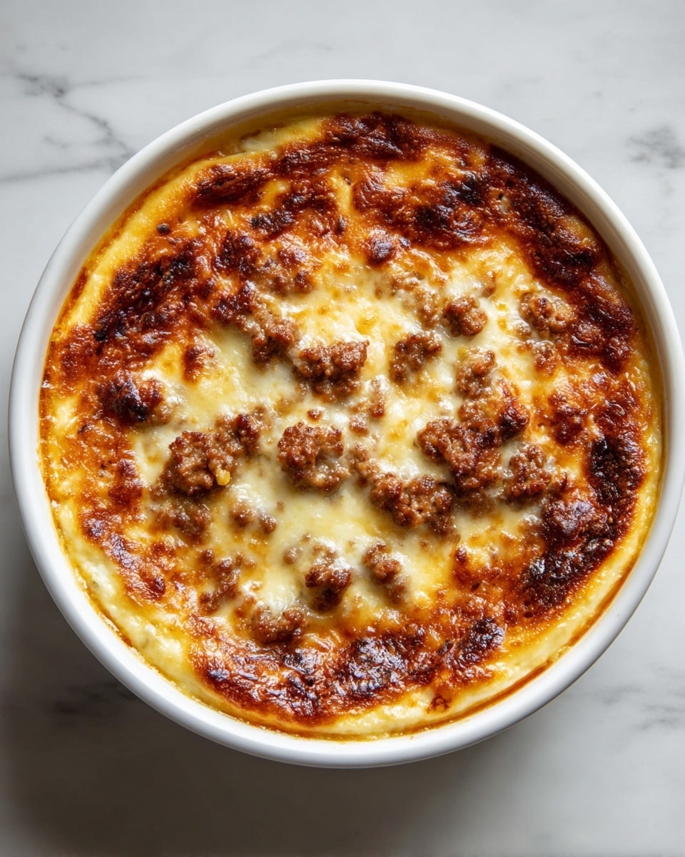 A round baked dish in a white bowl shows a thick top layer of golden-brown melted cheese with darker browned spots and small chunks of cooked ground meat scattered across it. Under the slightly crispy cheese topping, a creamy, pale yellow layer is visible near the edges, indicating a soft base. The bowl sits on a white marbled surface, making the rich colors of the dish stand out clearly. photo taken with an iphone --ar 4:5 --v 7