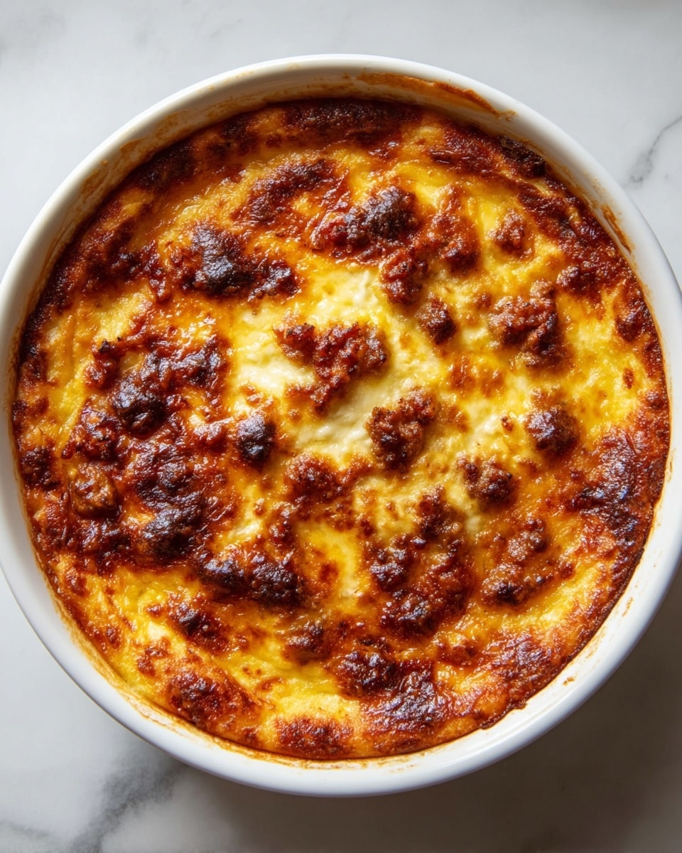 A round baked dish with a golden brown and slightly crispy top layer that has darker browned spots scattered unevenly. The surface looks bubbly with melted cheese mixed with rich tomato sauce, and bits of browned meat are spread across the top. The dish is in a white bowl with the edges slightly visible, sitting on a white marbled surface. The texture on top appears soft and gooey under the crispy browned patches, with a warm, inviting color mix of yellow, brown, and red. photo taken with an iphone --ar 4:5 --v 7