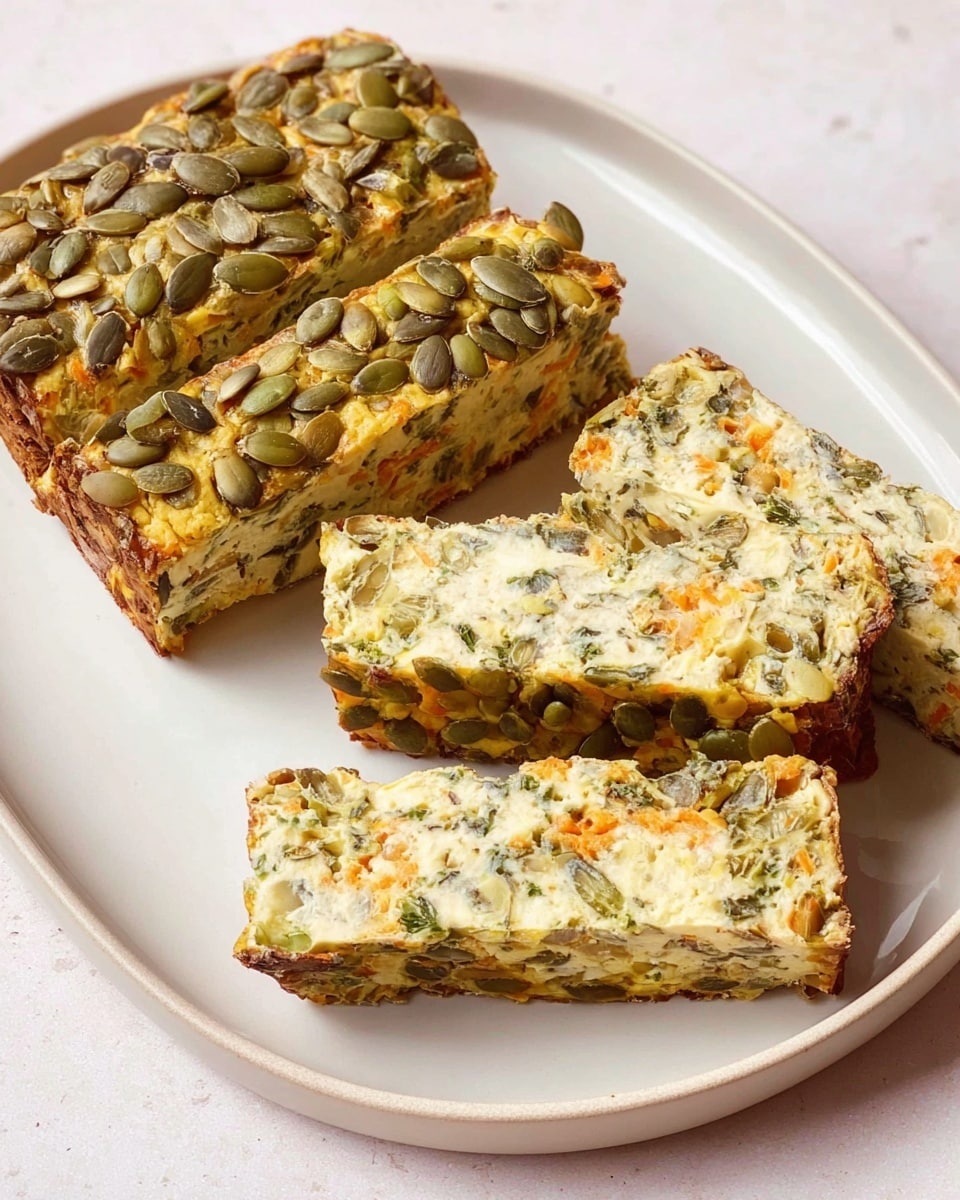 A white plate holds a rectangular savory loaf topped generously with pumpkin and sunflower seeds, giving a mix of green and light brown colors with a textured seed crust. The loaf is sliced into four pieces, showing a dense, moist interior filled with shredded vegetables in orange, green, and white shades, along with small seed bits scattered throughout. The sides of the slices reveal a soft, crumbly texture with visible herbs and vegetable pieces. The plate sits on a white marbled surface. photo taken with an iphone --ar 4:5 --v 7