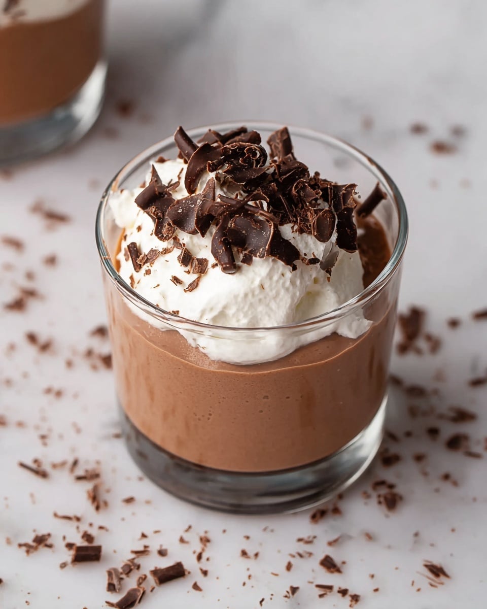 A clear glass cup filled with two layers: the bottom layer is smooth, light brown chocolate mousse, topped with a thick, white dollop of whipped cream. On top of the whipped cream are scattered dark chocolate curls, adding texture and contrast. The glass is set on a white marbled surface with chocolate shavings scattered around it. Photo taken with an iphone --ar 4:5 --v 7