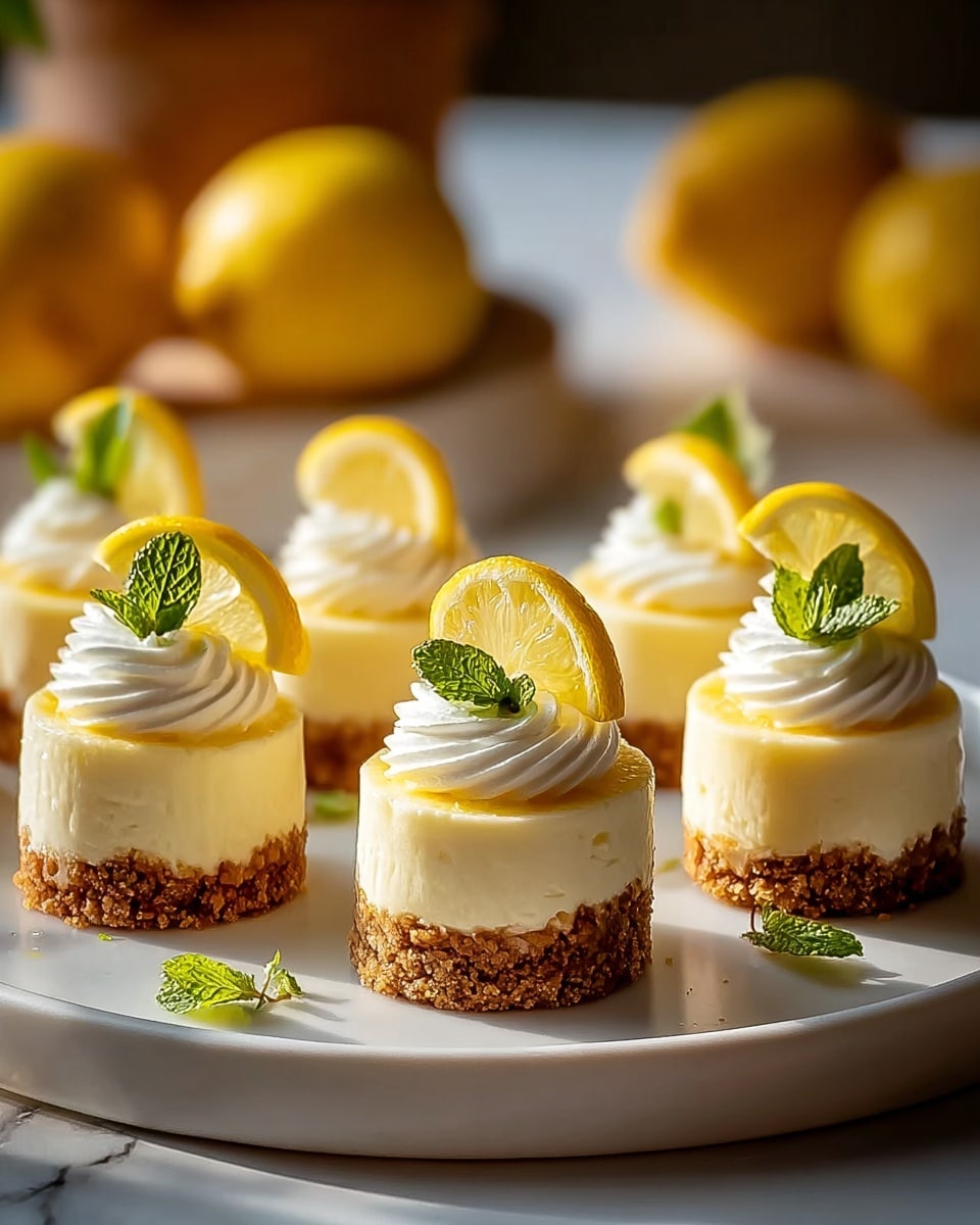The image shows six small lemon cheesecakes arranged on a round white plate. Each cheesecake has three visible layers: a rough, crumbly brown base made from crushed biscuits, a smooth pale yellow cheesecake middle, and a white whipped cream swirl on top. On the whipped cream, a thin slice of bright yellow lemon is placed, along with a small fresh green mint leaf. The plate sits on a white marbled surface, and in the background, there are blurred whole lemons adding a warm yellow tone to the scene. The lighting is soft and warm, highlighting the creamy texture of the cheesecakes. Photo taken with an iphone --ar 4:5 --v 7