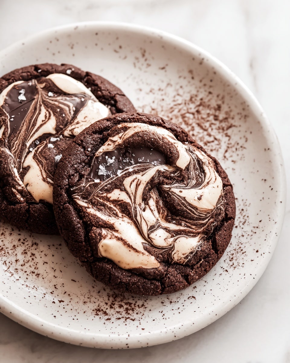 Two thick, round chocolate cookies sit on a white plate with speckled details, resting on a white marbled surface. Each cookie has a cracked texture and is topped with a marbled swirl of light cream and dark chocolate, creating a flowing, wavy pattern over the surface. The cookies show some salt flakes sprinkled on top and a bit of cocoa powder dusted on the plate near them, adding a touch of texture and contrast. Photo taken with an iphone --ar 4:5 --v 7