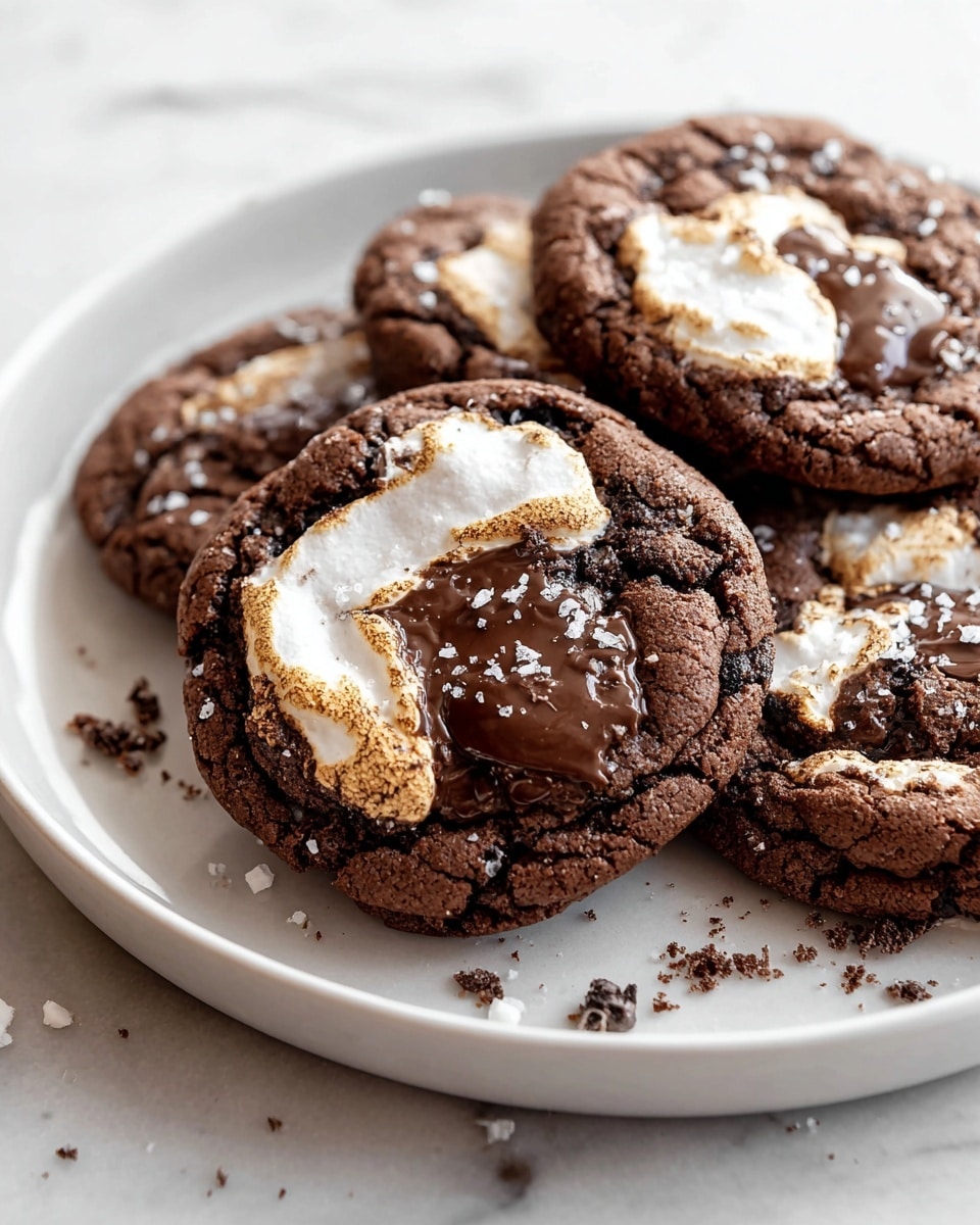 A close-up view of several thick, soft chocolate cookies stacked on a white plate, each cookie showing a cracked surface with melted white marshmallow patches swirled into the dark brown dough. The marshmallow areas have a slightly toasted texture with some shiny, gooey chocolate melted on top, and there is a sprinkling of coarse white sugar crystals adding a glistening effect. The plate rests on a white marbled surface, and small chocolate crumbs and bits of sugar are scattered around the edges, giving a fresh, homemade look. photo taken with an iphone --ar 4:5 --v 7