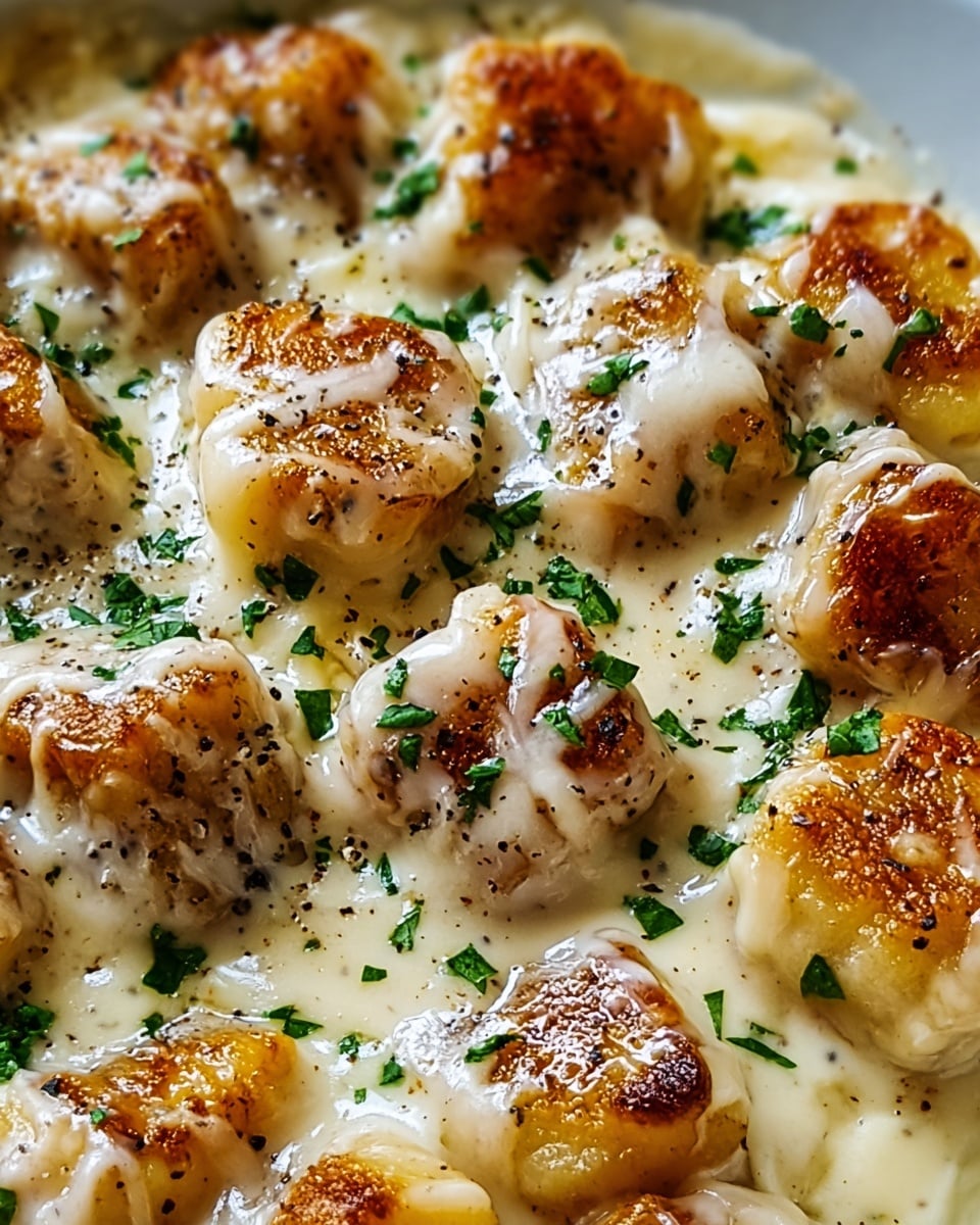 The image shows a close-up view of browned gnocchi pieces covered in a creamy white cheese sauce that looks smooth and glossy. Each gnocchi has a golden-brown crust with light black pepper sprinkled on top, creating a tasty and slightly crispy texture. Fresh green chopped herbs are scattered over the dish, adding a bright contrast to the creamy white sauce and browned gnocchi. The sauce is thick and evenly coats each piece, with the gnocchi arranged closely together to fill the frame. The background is a white marbled texture. photo taken with an iphone --ar 4:5 --v 7