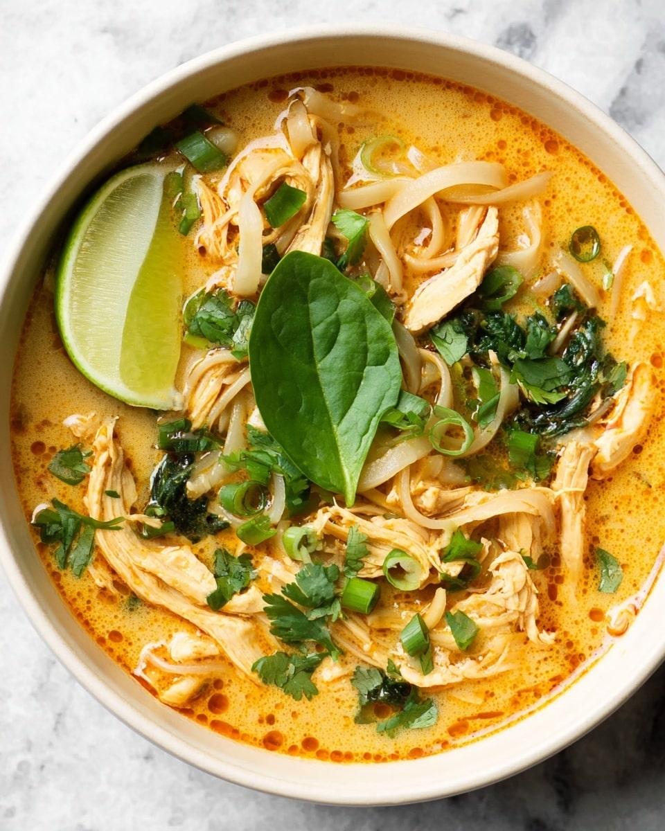 A white bowl holds a creamy orange soup with visible oil specks on top, filled with flat white noodles and shredded light brown chicken pieces. The soup is garnished with bright green cilantro leaves, chopped scallions, and a large spinach leaf in the center. A wedge of lime with a pale green rind and light yellow-green flesh rests on the left side inside the bowl. The background is a white marbled texture. photo taken with an iphone --ar 4:5 --v 7
