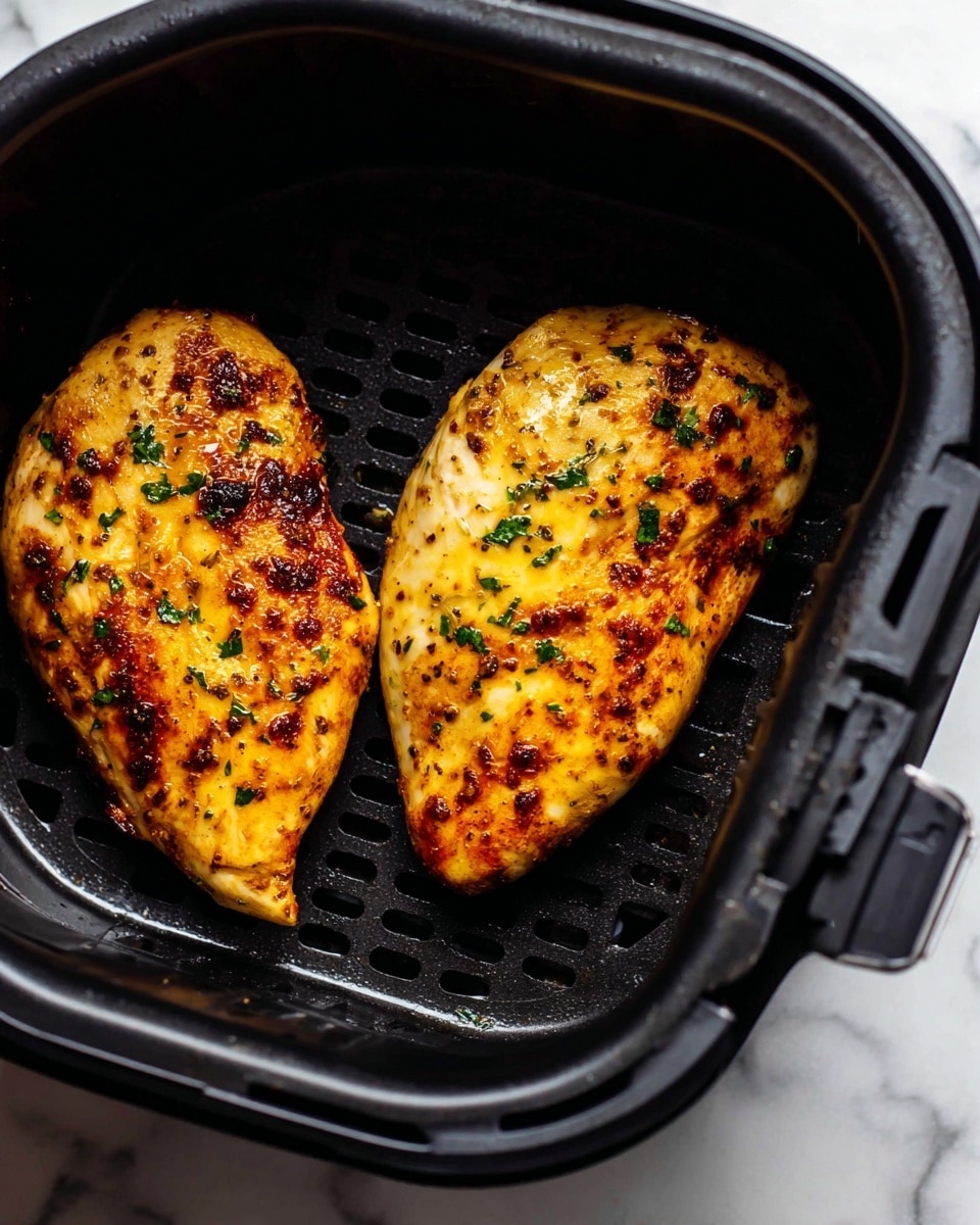 Two cooked chicken breasts rest side by side inside a black air fryer basket, each breast showing a golden brown color with darker browned spots and a shiny, slightly oily surface. Small sprinkled green herb pieces are scattered over the chicken, adding a touch of color contrast. The air fryer basket has a textured bottom and is open at the front, exposing the juicy chicken pieces inside. The background shows a white marbled texture. photo taken with an iphone --ar 4:5 --v 7