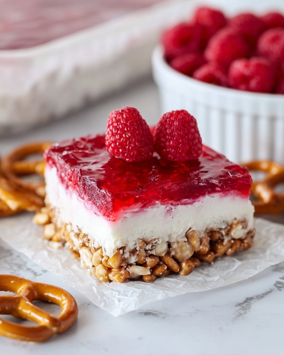 The image shows a three-layer dessert bar on a piece of parchment paper over a white marbled surface. The bottom layer is a crunchy mix of chopped nuts and pretzels in light brown and golden colors. The middle layer is thick and creamy white, looking soft and smooth. The top layer is a glossy red raspberry jelly with some raspberry pieces visible inside it. On the very top, there are two whole fresh raspberries, bright red and textured. In the background, there is a white bowl filled with more raspberries, slightly out of focus, and part of a golden pretzel is visible at the bottom left. photo taken with an iphone --ar 4:5 --v 7